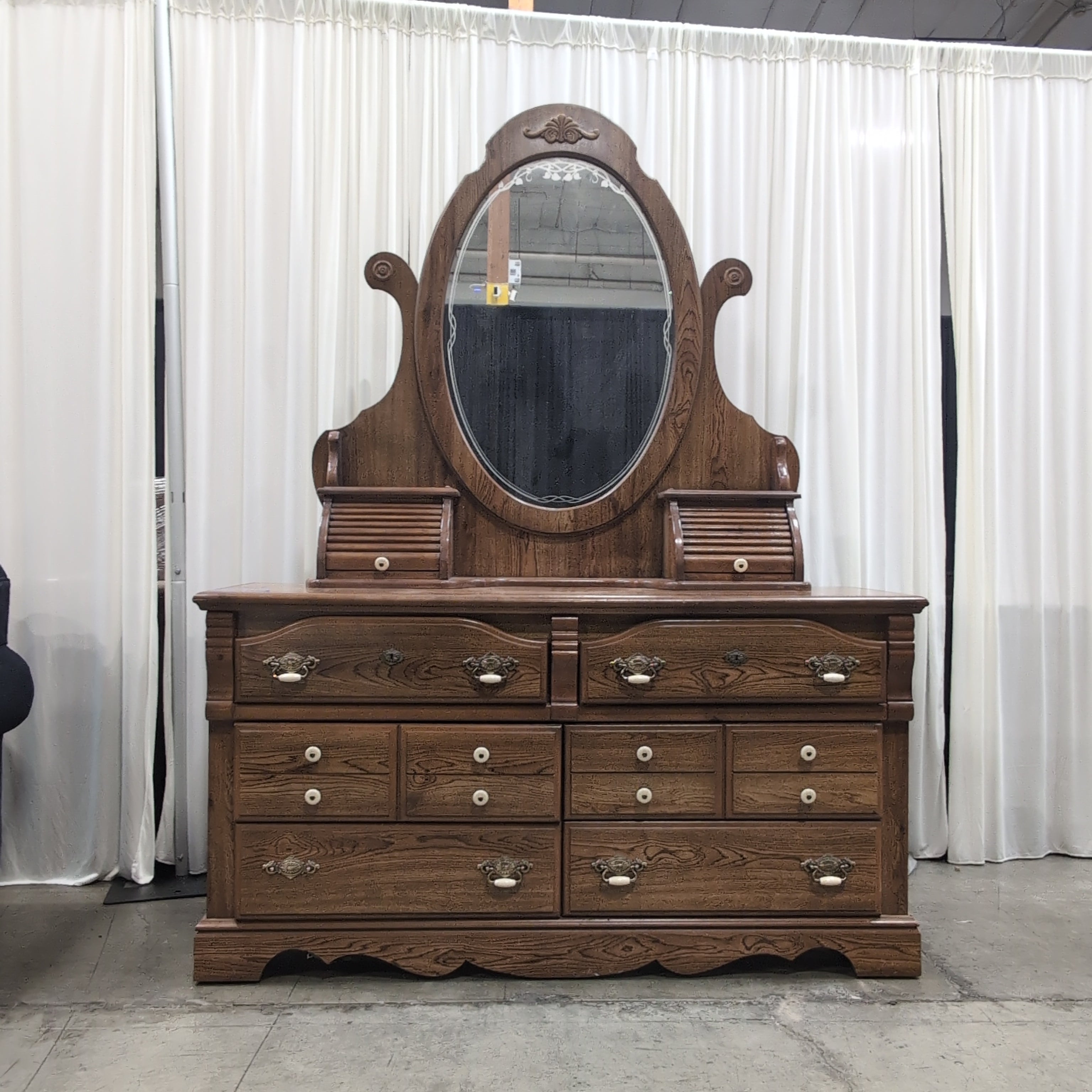 Ornate Hardwood Six-Drawer Dresser with Mirror