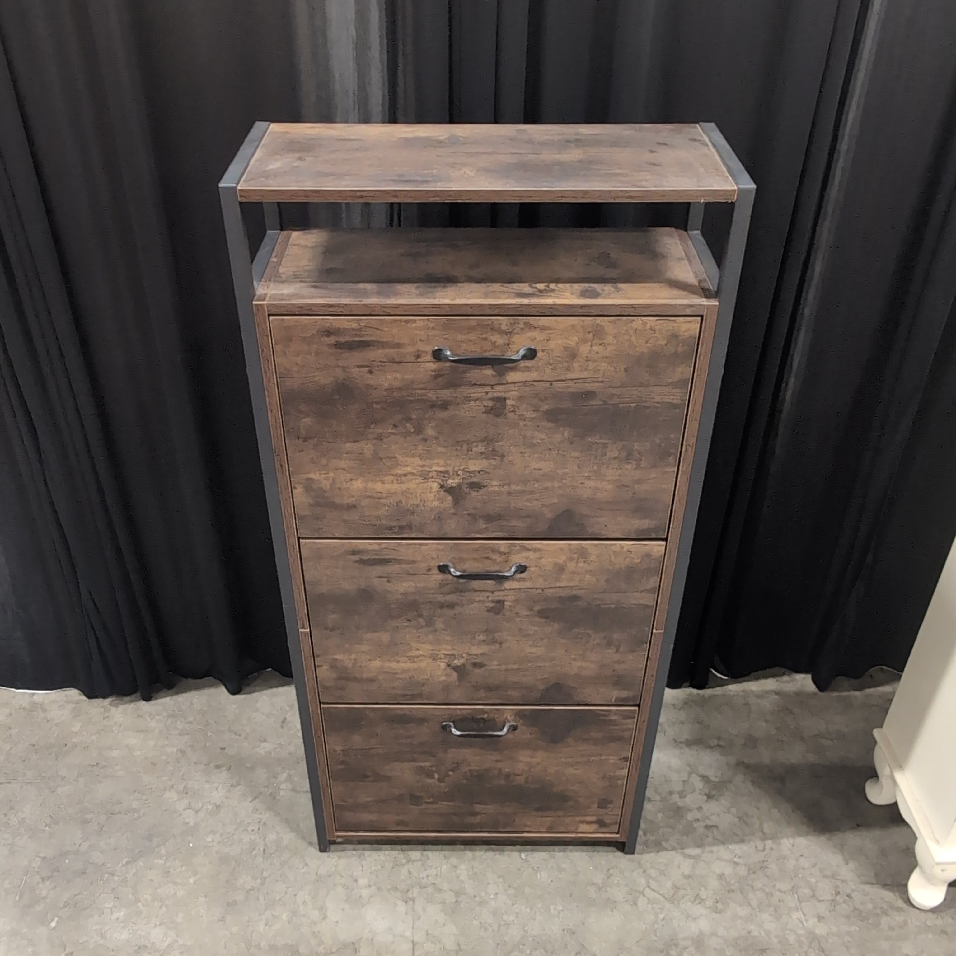 Industrial Dark Brown Three-Tier Shoe Cabinet in Wood and Metal