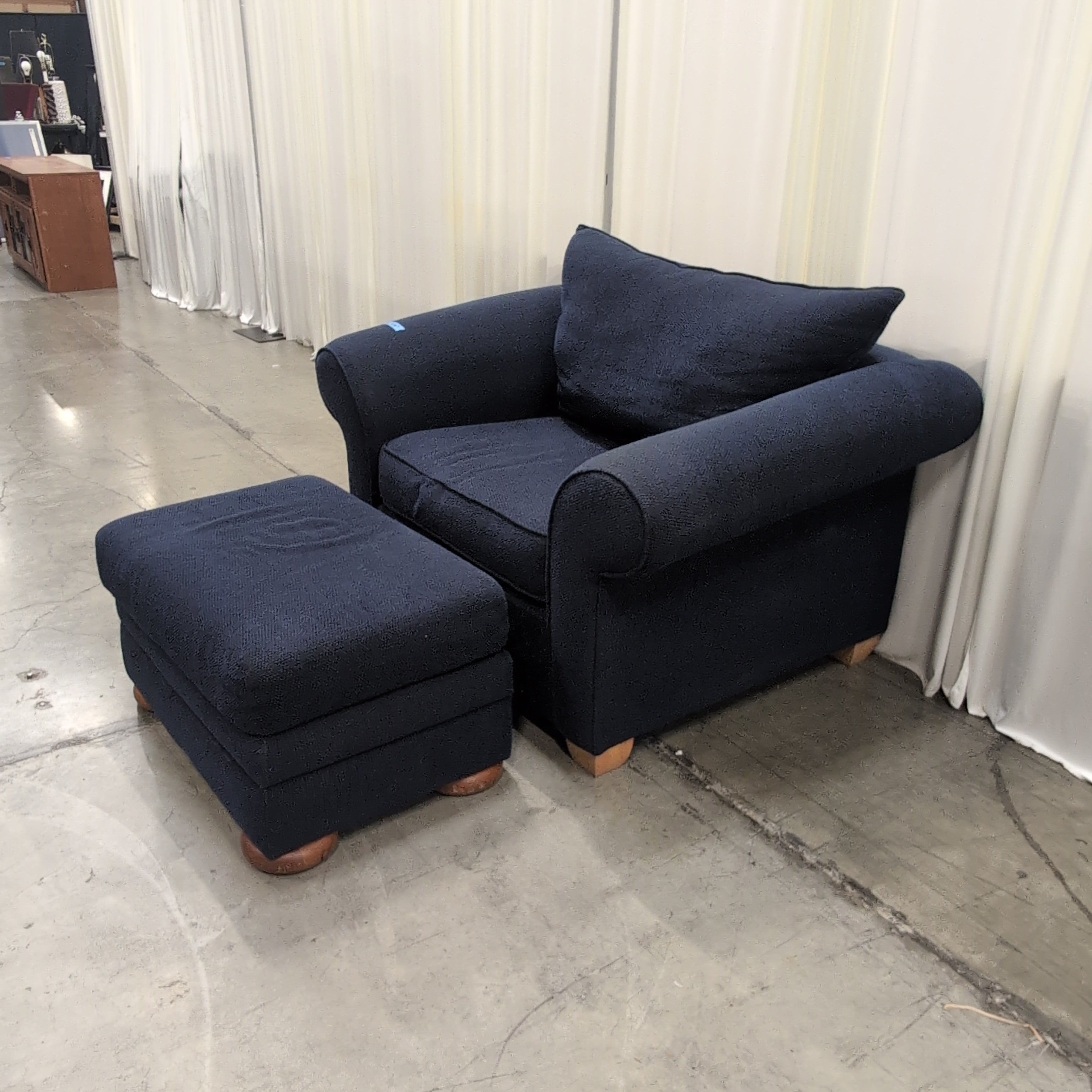 Navy Fabric Rolled Arm Chair with Matching Ottoman