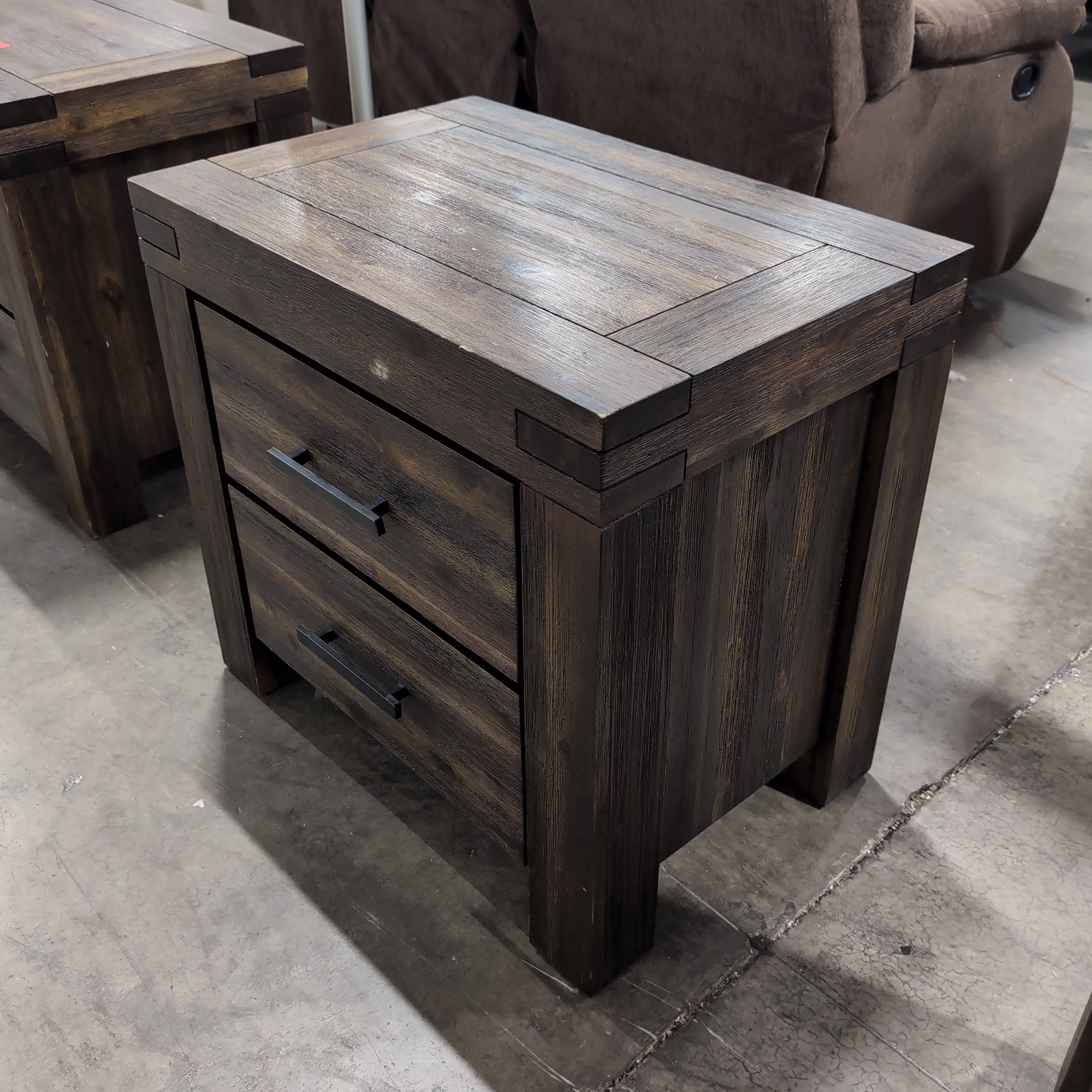 Rustic Dark Brown Wood Nightstand with Two Drawers