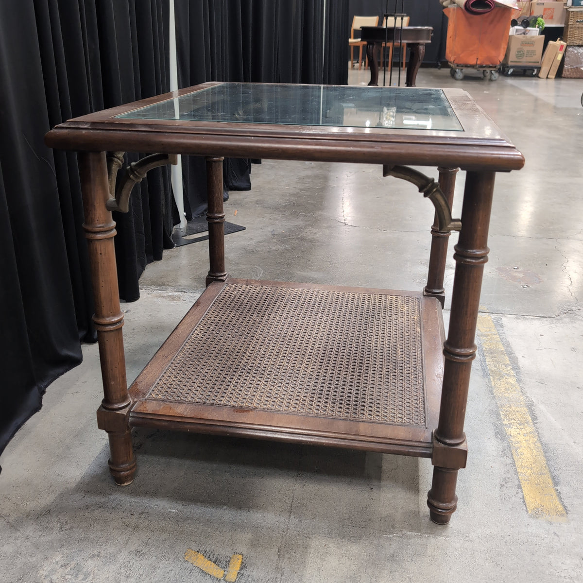 Chinoiserie Style Wood End Table with Cane Shelf