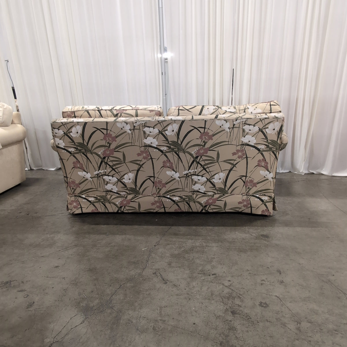 Ethan Allen Beige Floral Upholstered Rolled Arm Couch