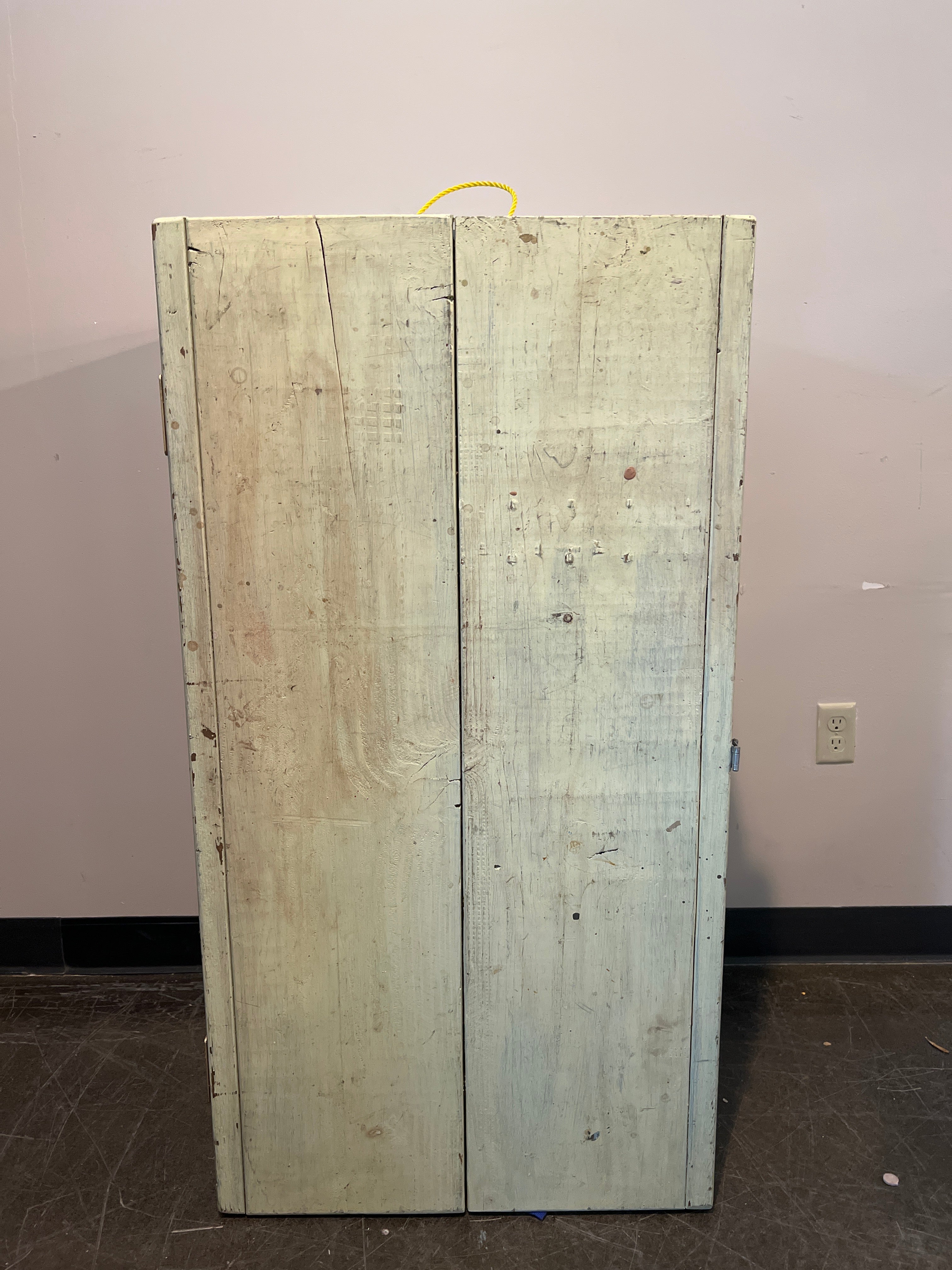 Handmade Painted Wooden Cabinet with Blue Top and Rope Handle