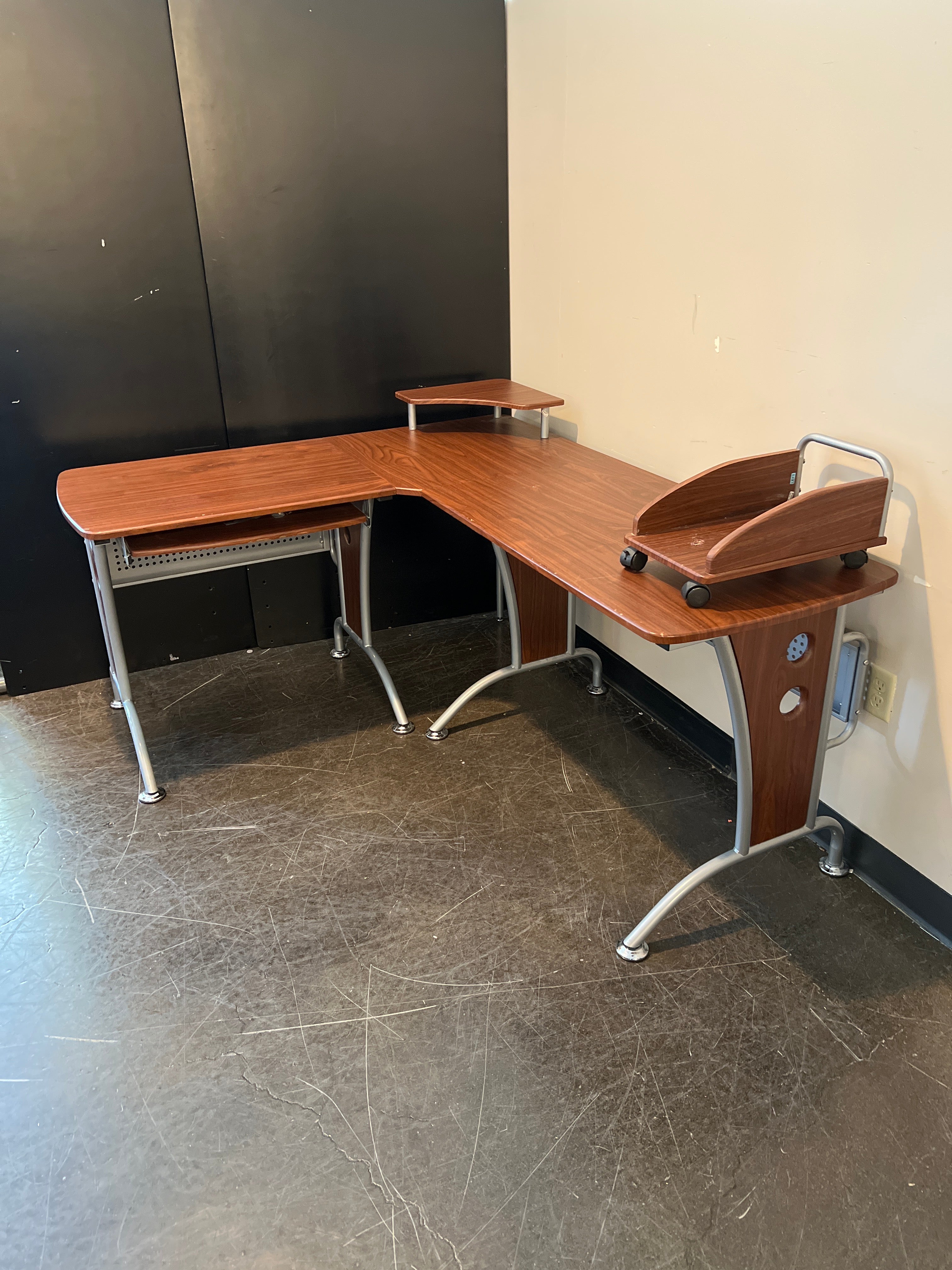 Modern L-Shaped Computer Desk with Riser and Rolling CPU Stand