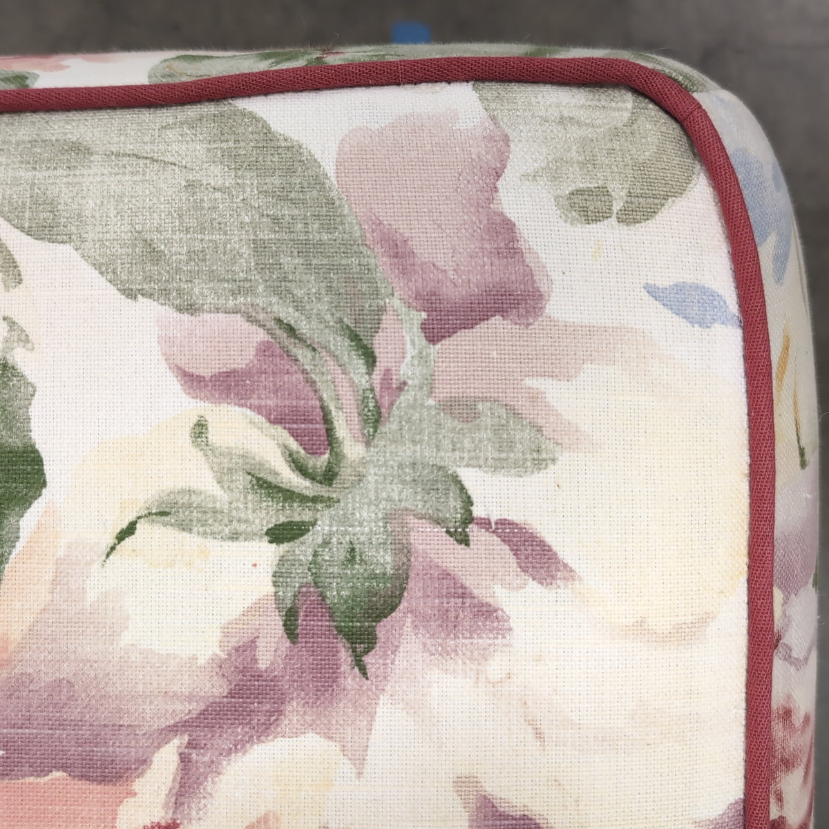 Square Floral Upholstered Ottoman with Red Piping