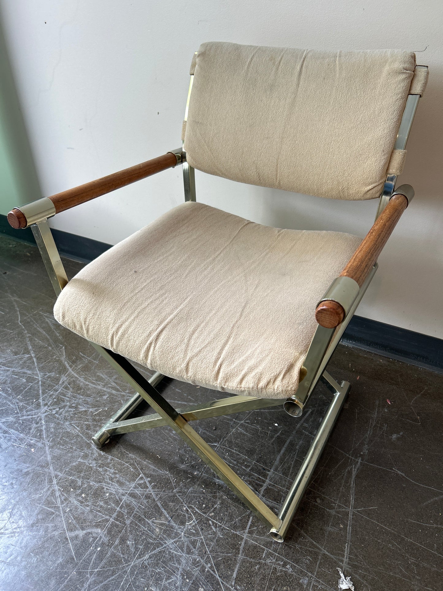 Vintage White Cushion Directors Chair with Wood and Metal Accent