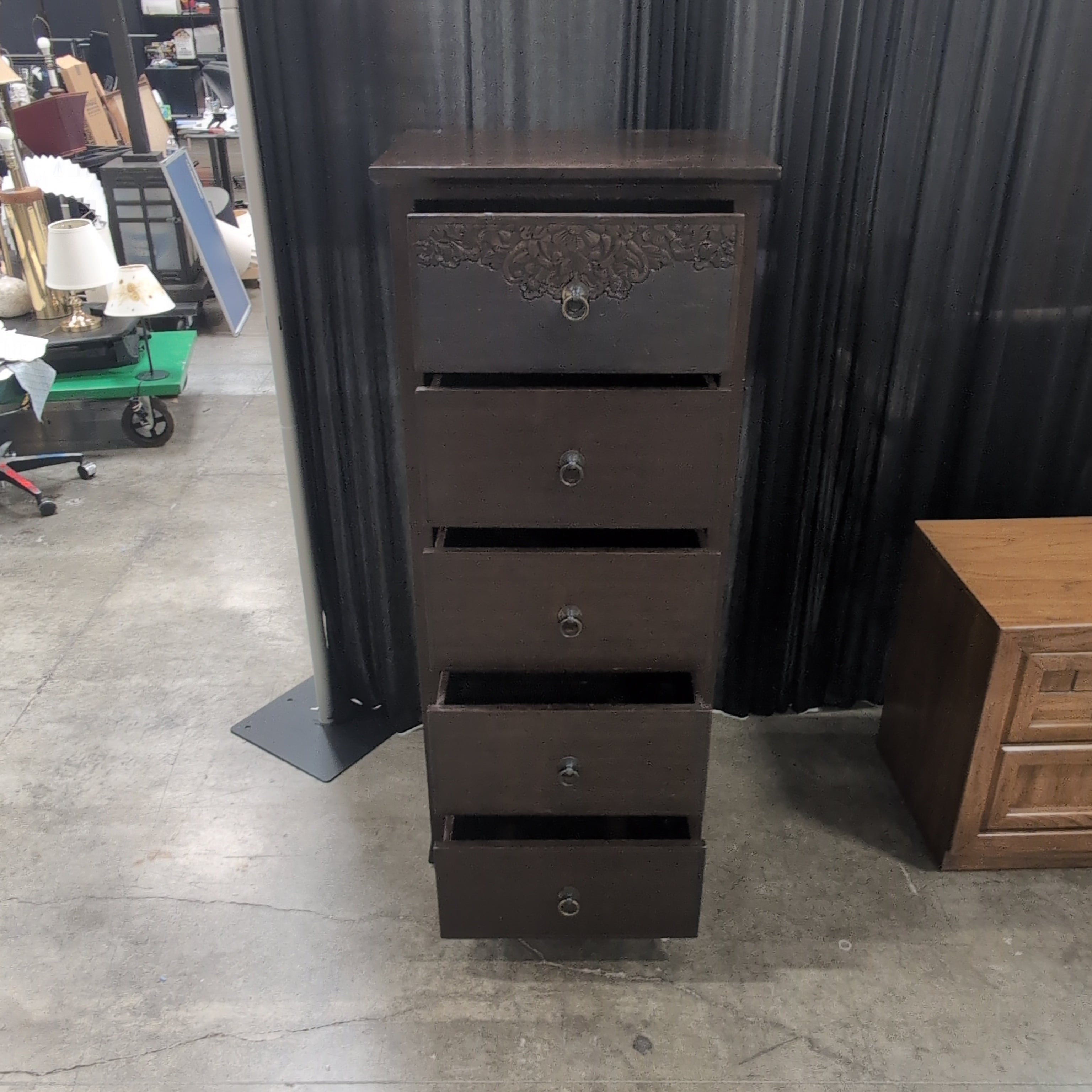 Dark Brown Wood Five-Drawer Dresser with Carved Top