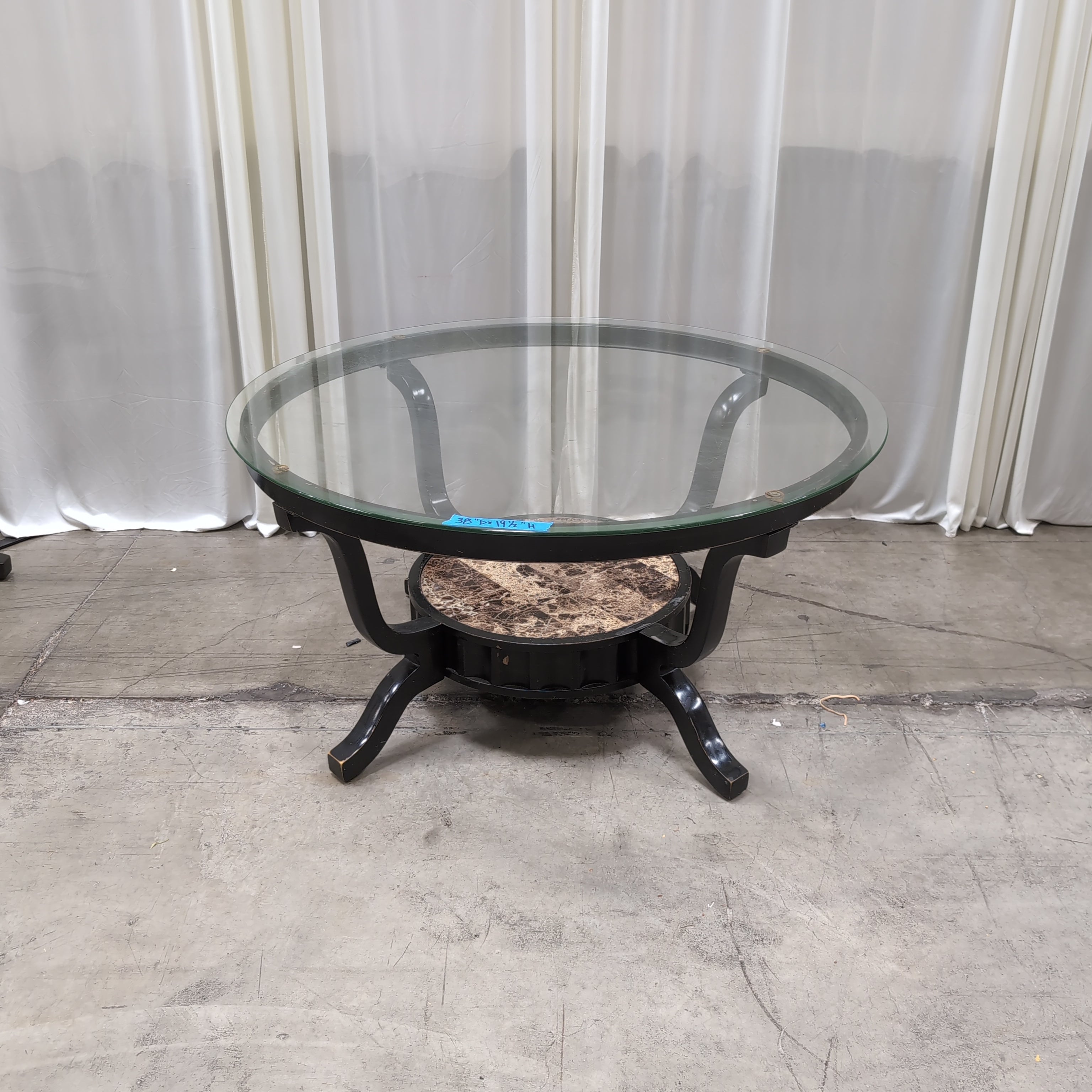 Black Metal Oval Coffee Table in Glass and Faux Marble