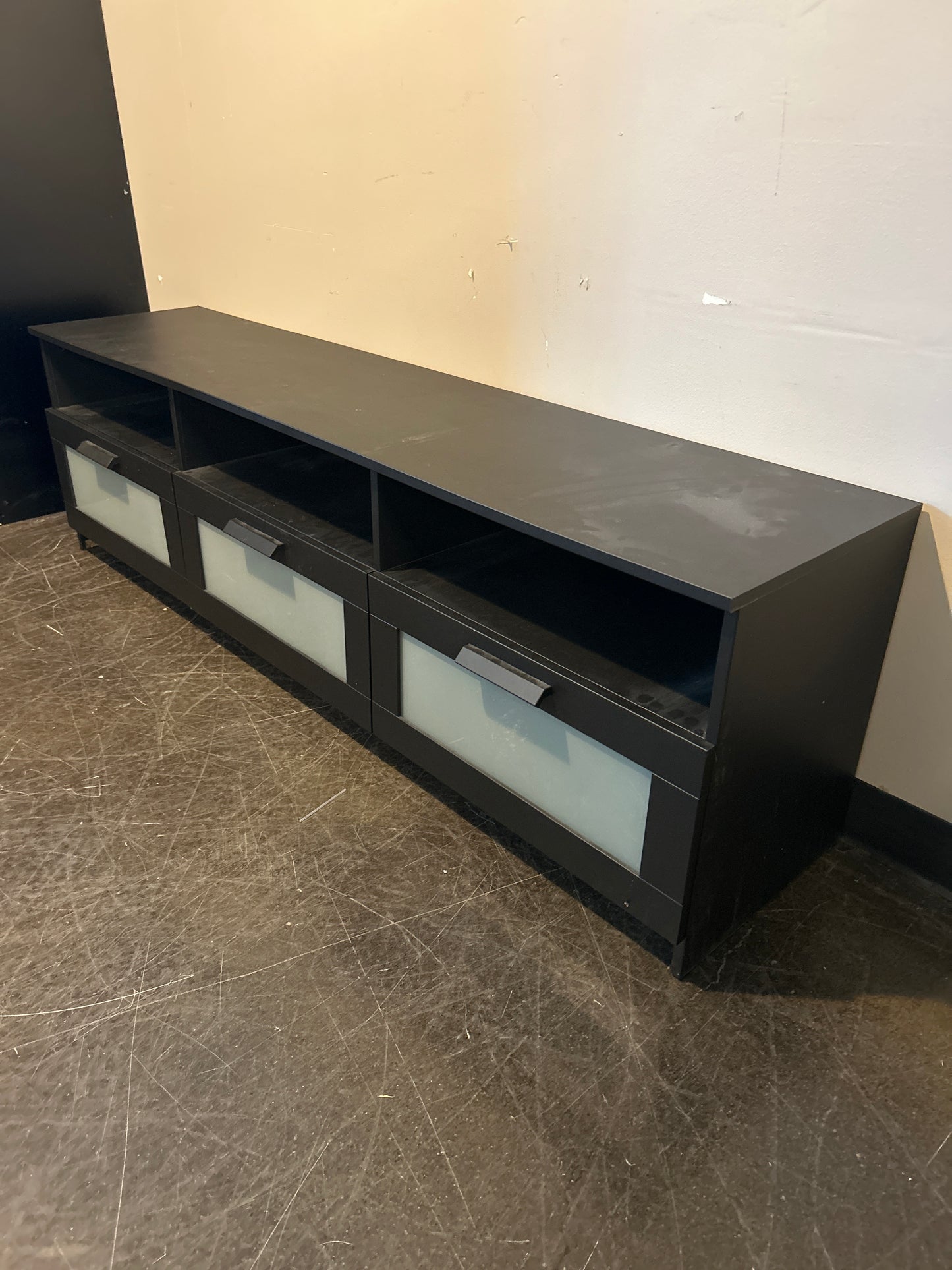 Modern Black Media Console with Frosted Glass Drawers
