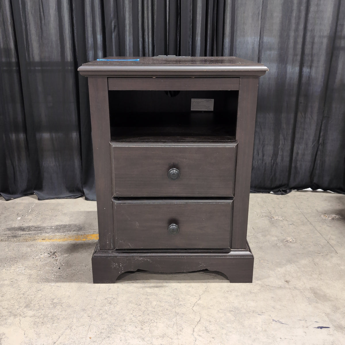 Dark Wood Two-Drawer Nightstand with Open Shelf
