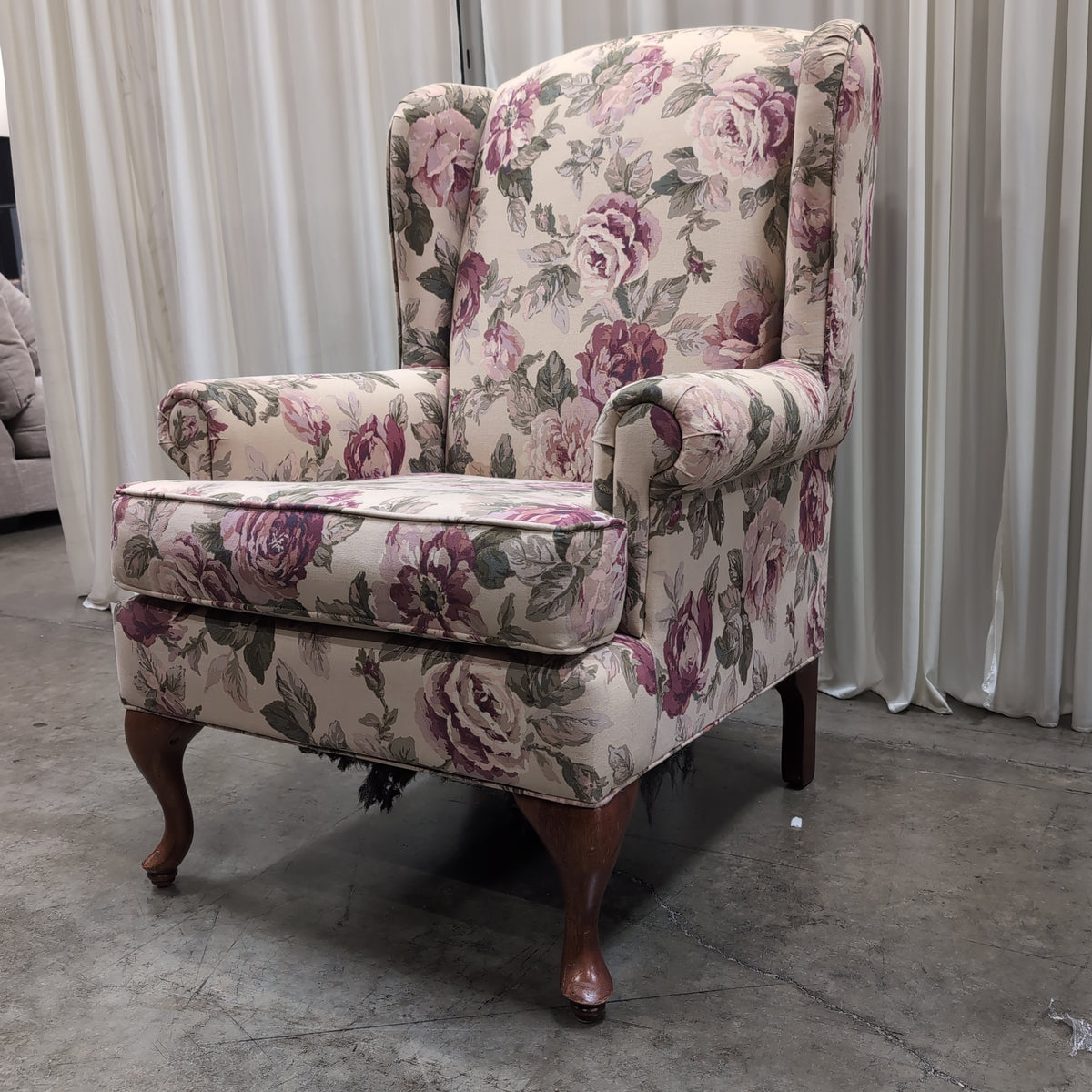 Cream Floral Upholstered Wingback Chair with Cabriole Legs