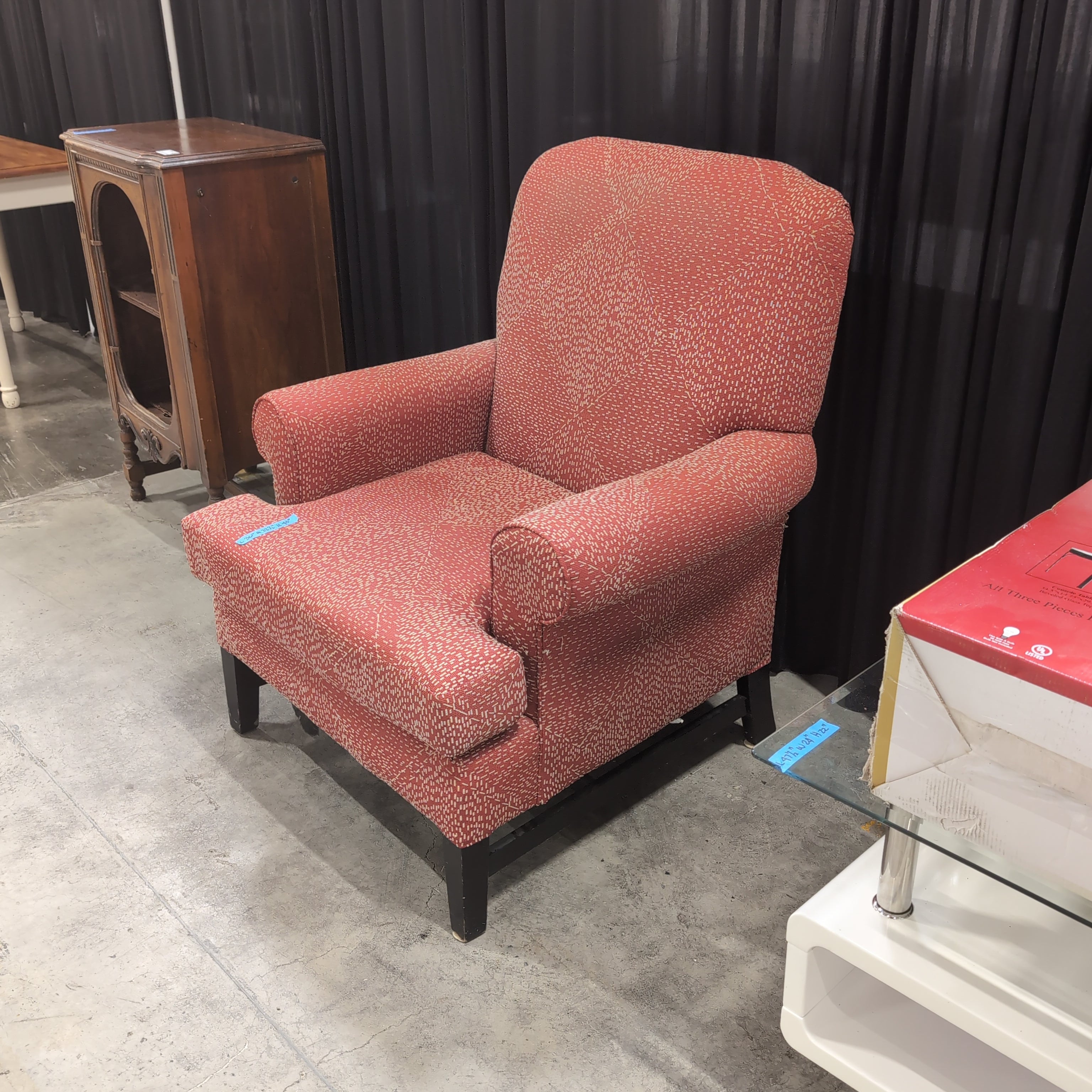 Red Patterned Upholstered Armchair with Rolled Arms
