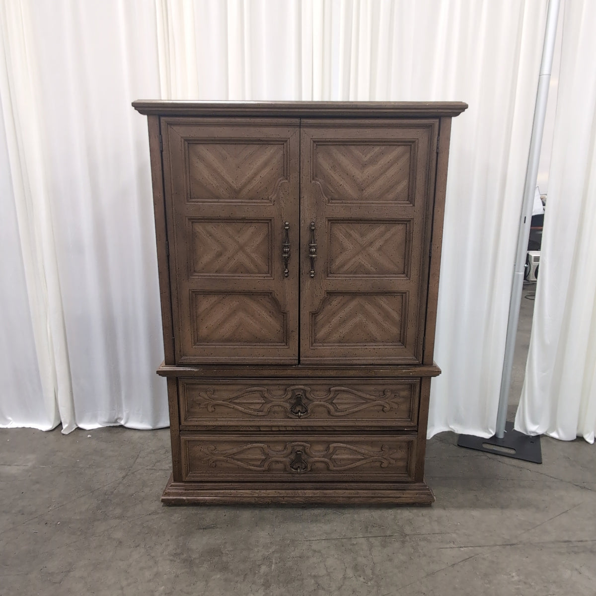 Light Brown Wood French Provincial Armoire with Ornate Hardware
