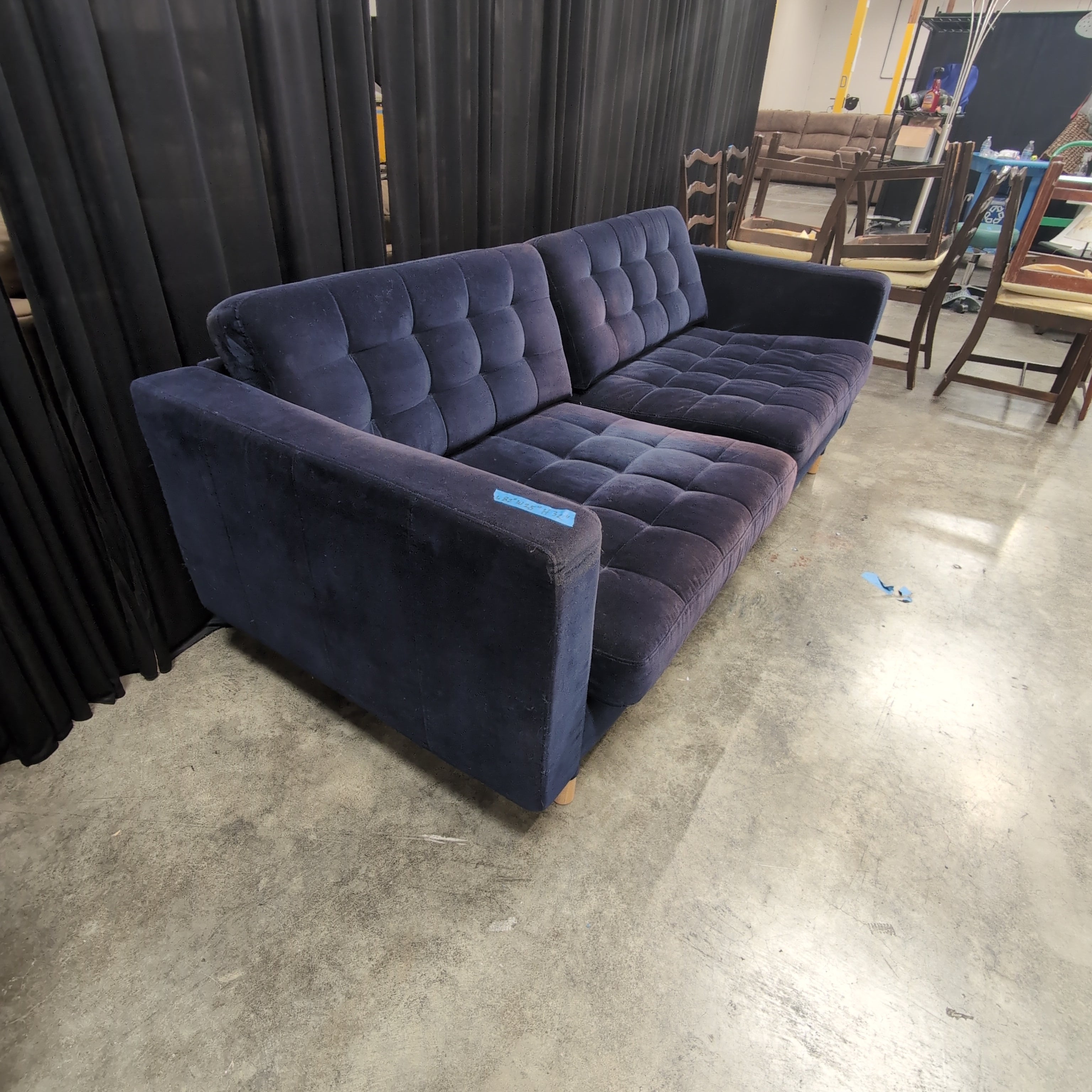 Dark Blue Tufted Three-Seat Couch in Velvet