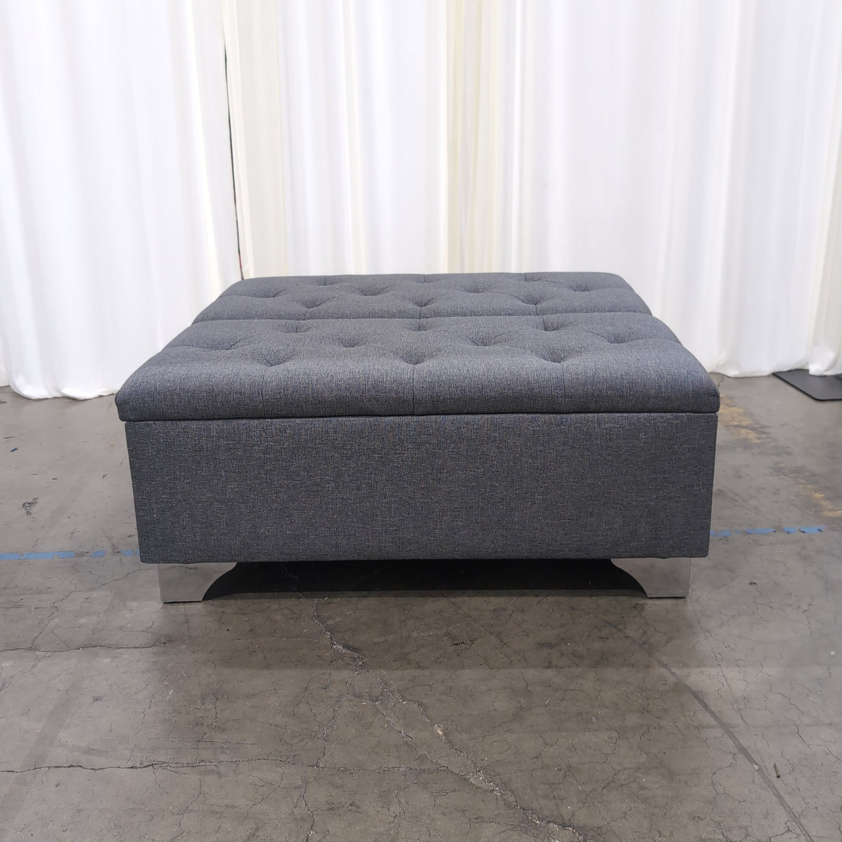 Gray Fabric Tufted Storage Ottoman with Metal Base
