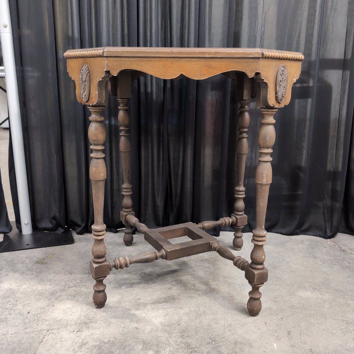 Carved Wood Hexagonal End Table with Turned Legs