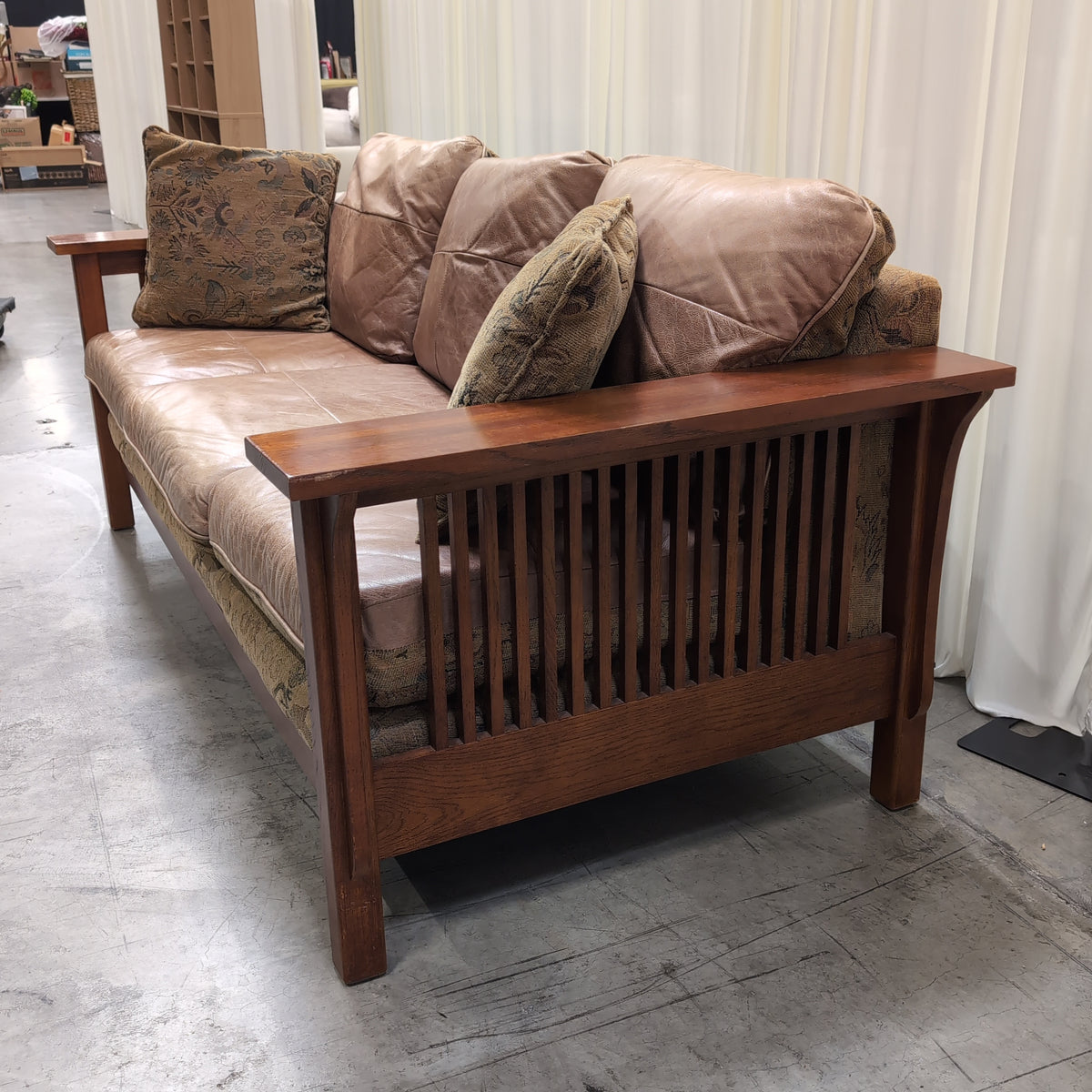 Brown Wood Frame Patterned Fabric Couch