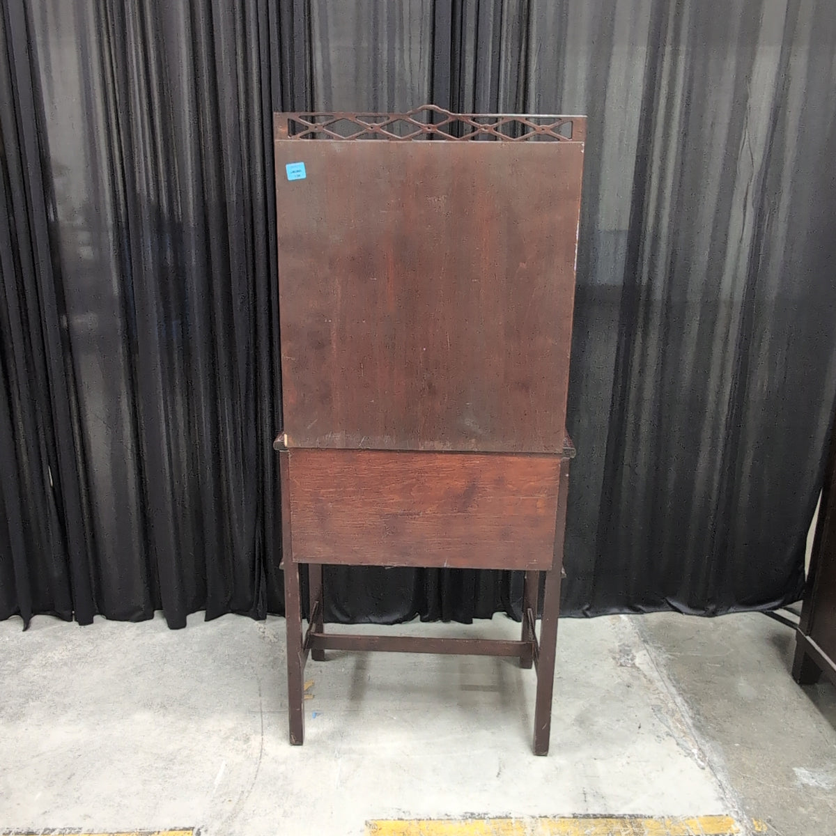 Traditional Dark Wood Drop-Front Desk with Fretwork Hutch