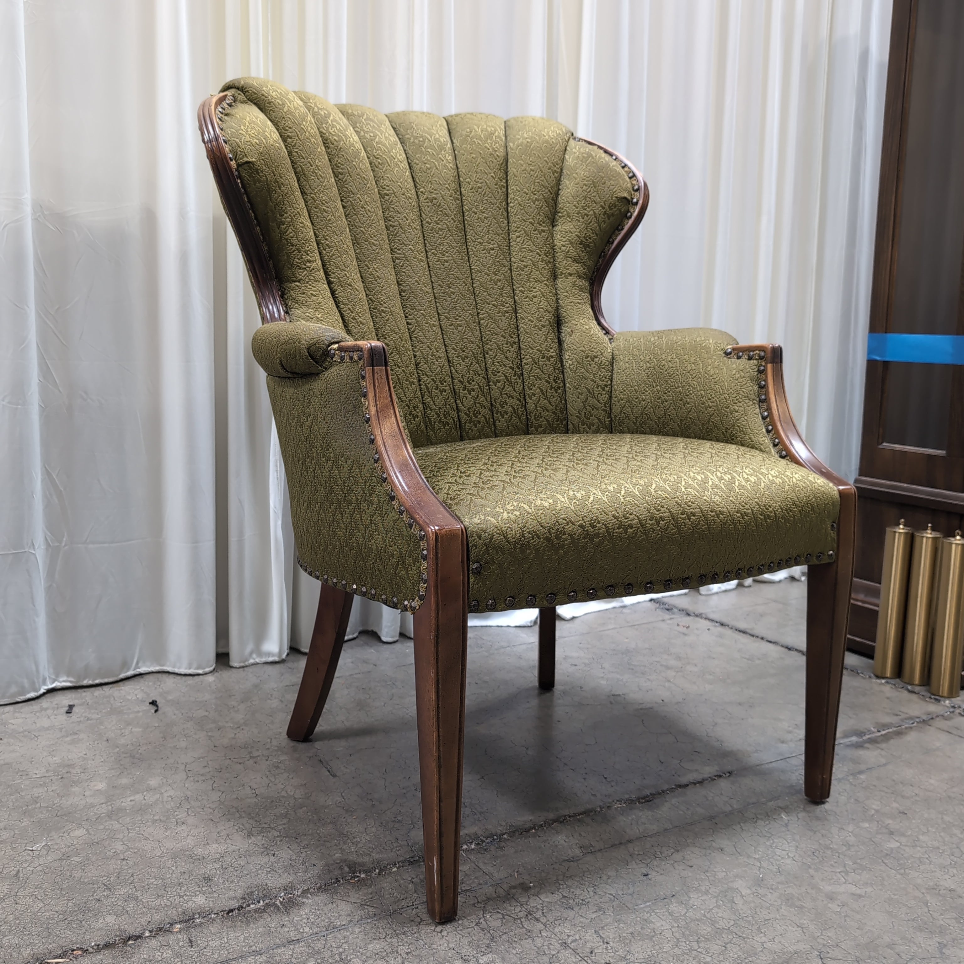 Olive Green Upholstered Fan-Back Armchair with Nailhead Trim