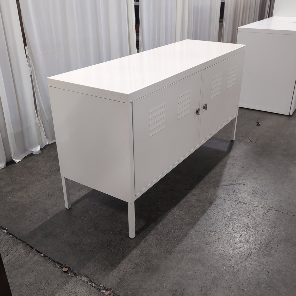 White Industrial Metal TV Stand with Locker Doors