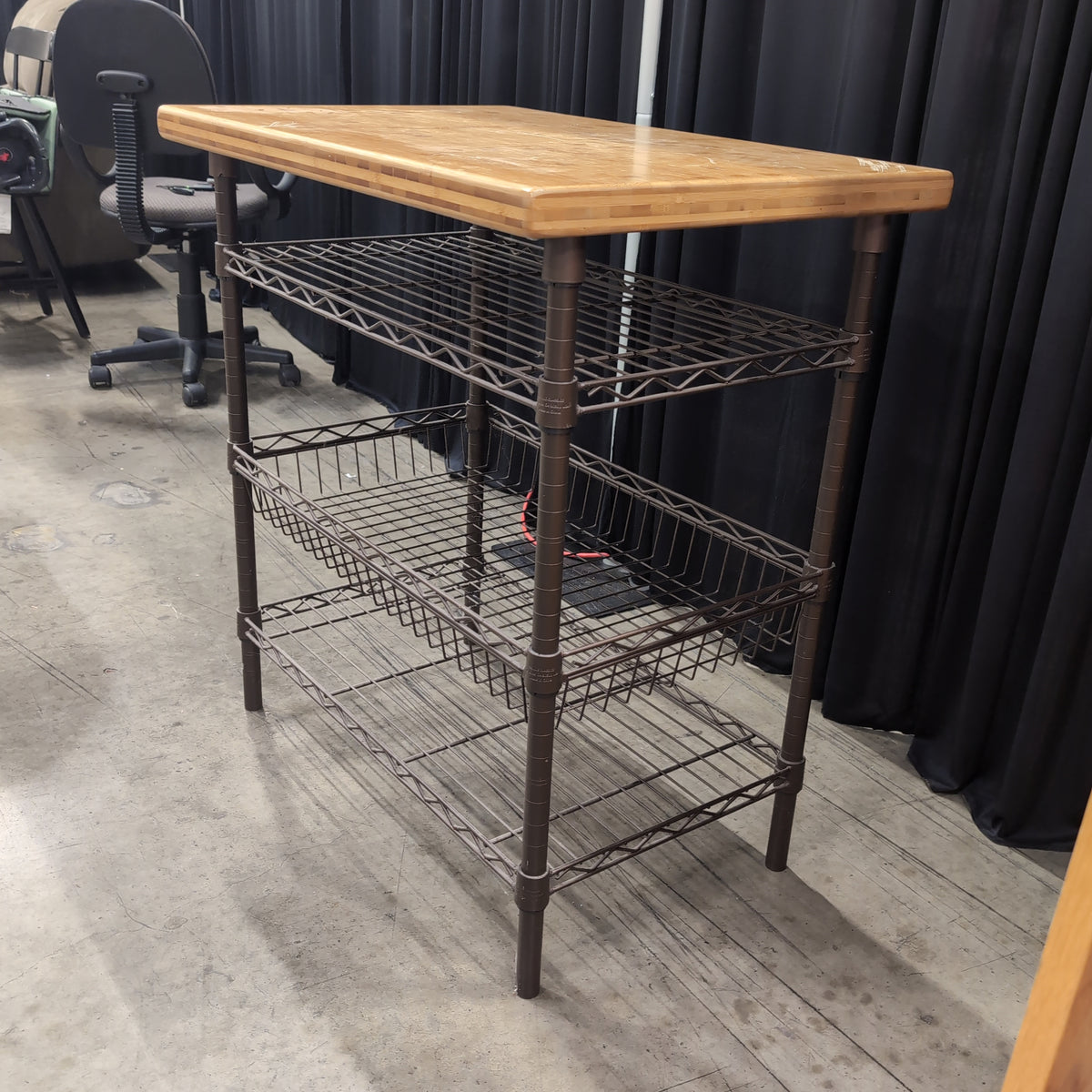 Light Wood Top Dark Metal Kitchen Cart with Wire Shelves