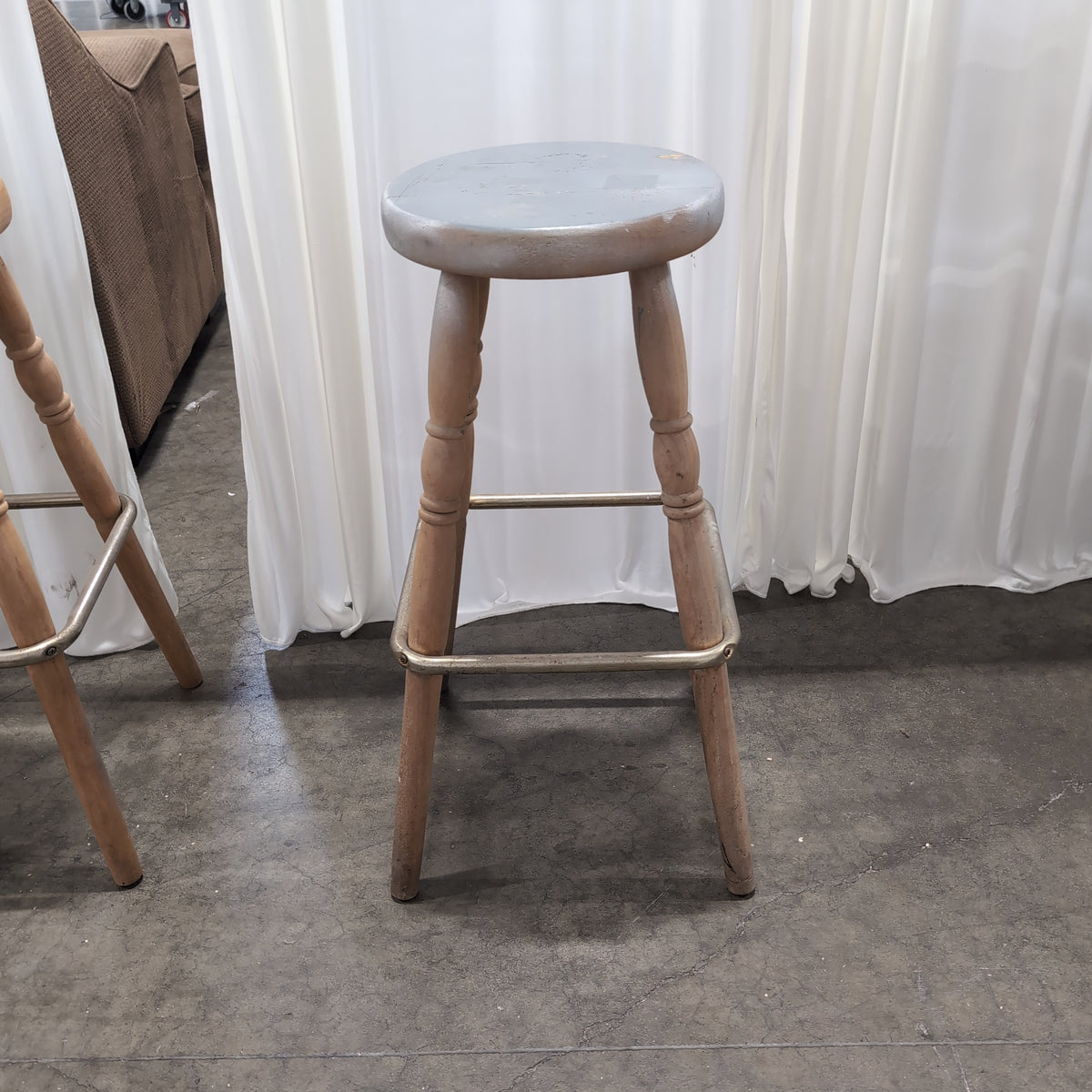 Silver Painted Round Top Wood Stool with Metal Footrest
