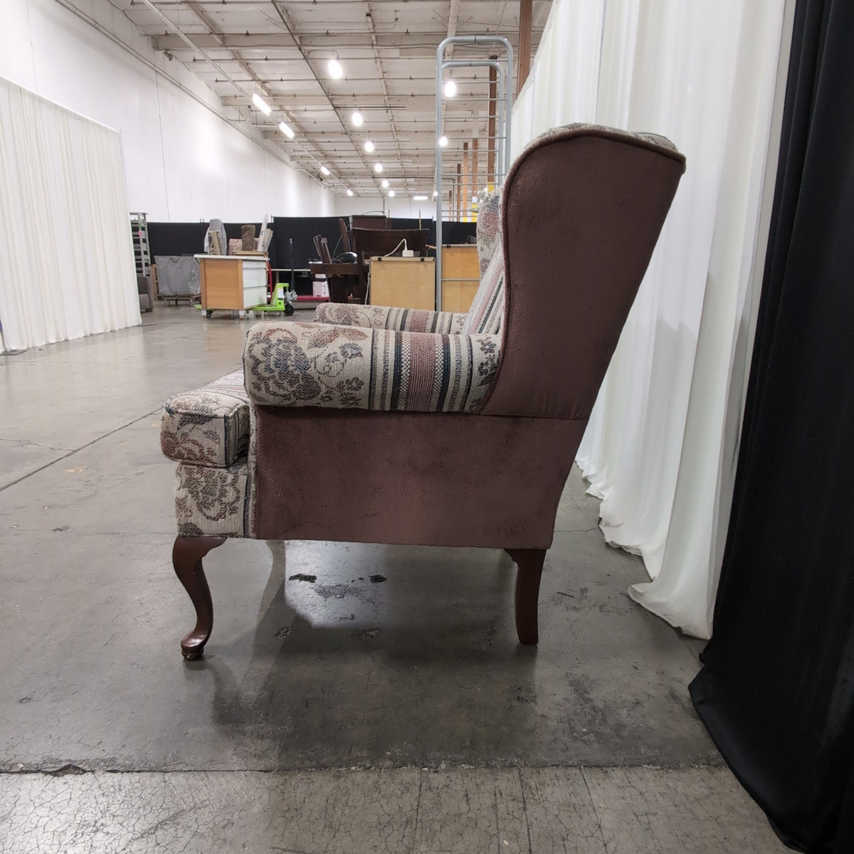 Cream Floral Striped Upholstered Wingback Armchair