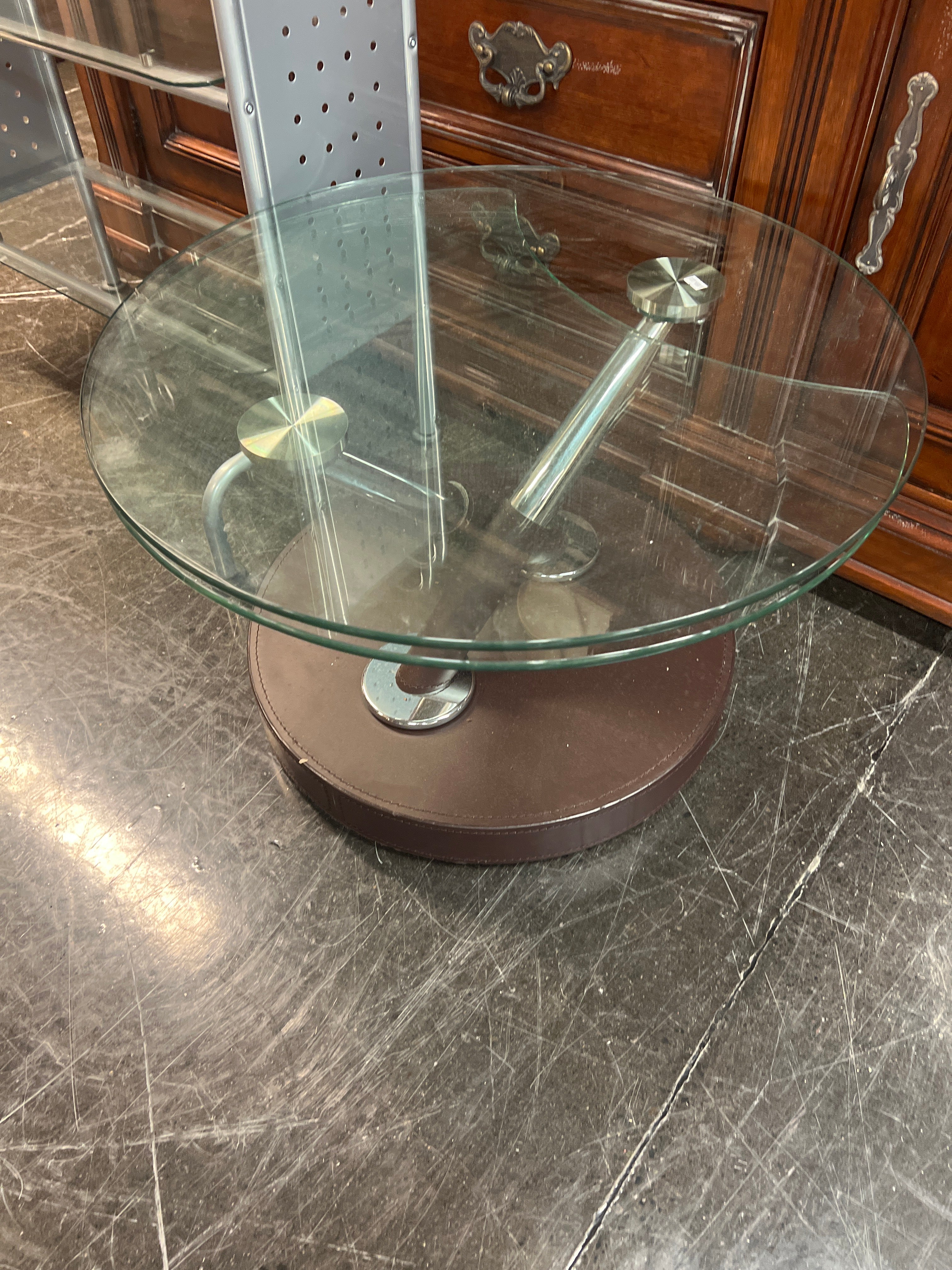 Modern Glass Coffee Table with Brown Leather Base