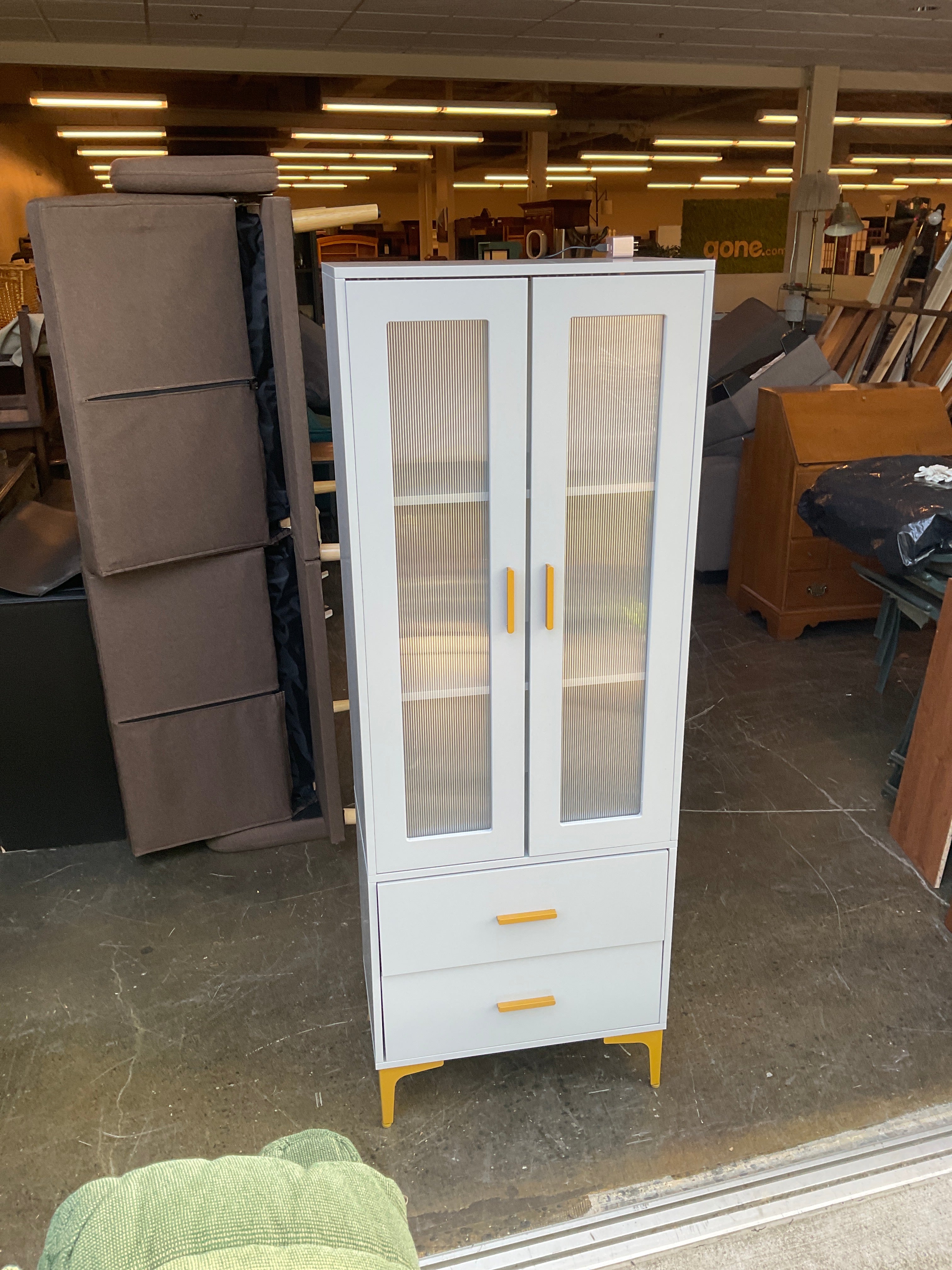 Modern Gray Display Cabinet with Gold Accents