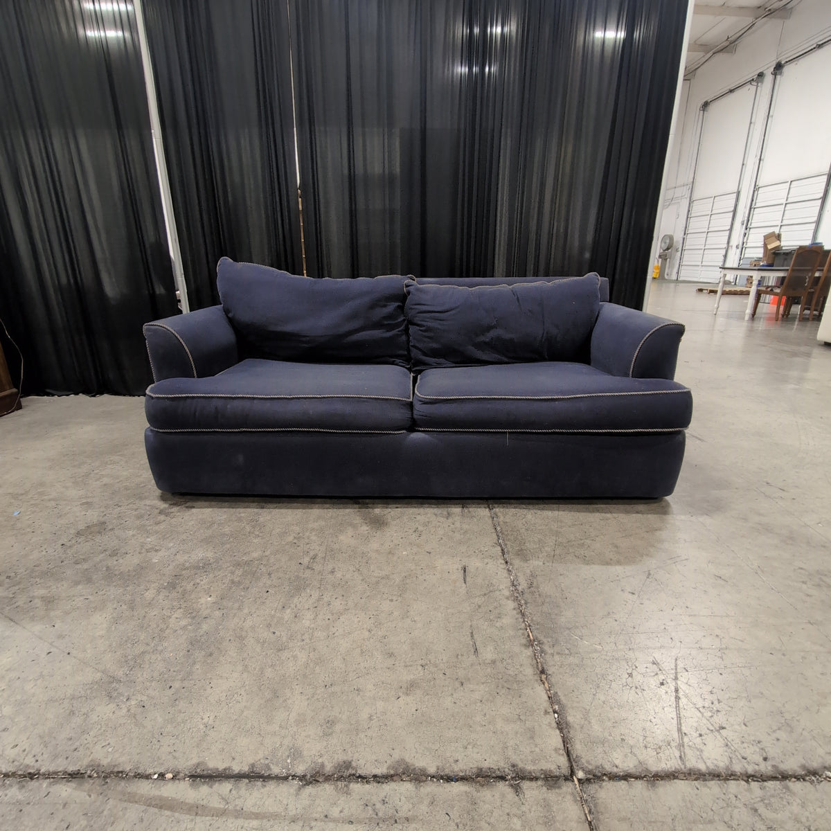 Bench Craft Navy Blue Velvet-like Fabric Rolled Arm Couch with Contrast Piping
