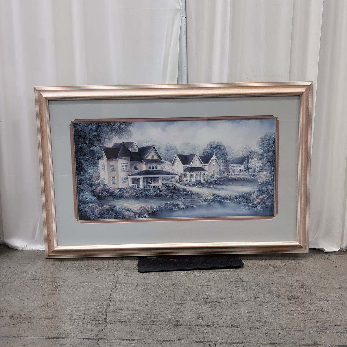Benne Signed Cottage Landscape Framed Art in Light Wood