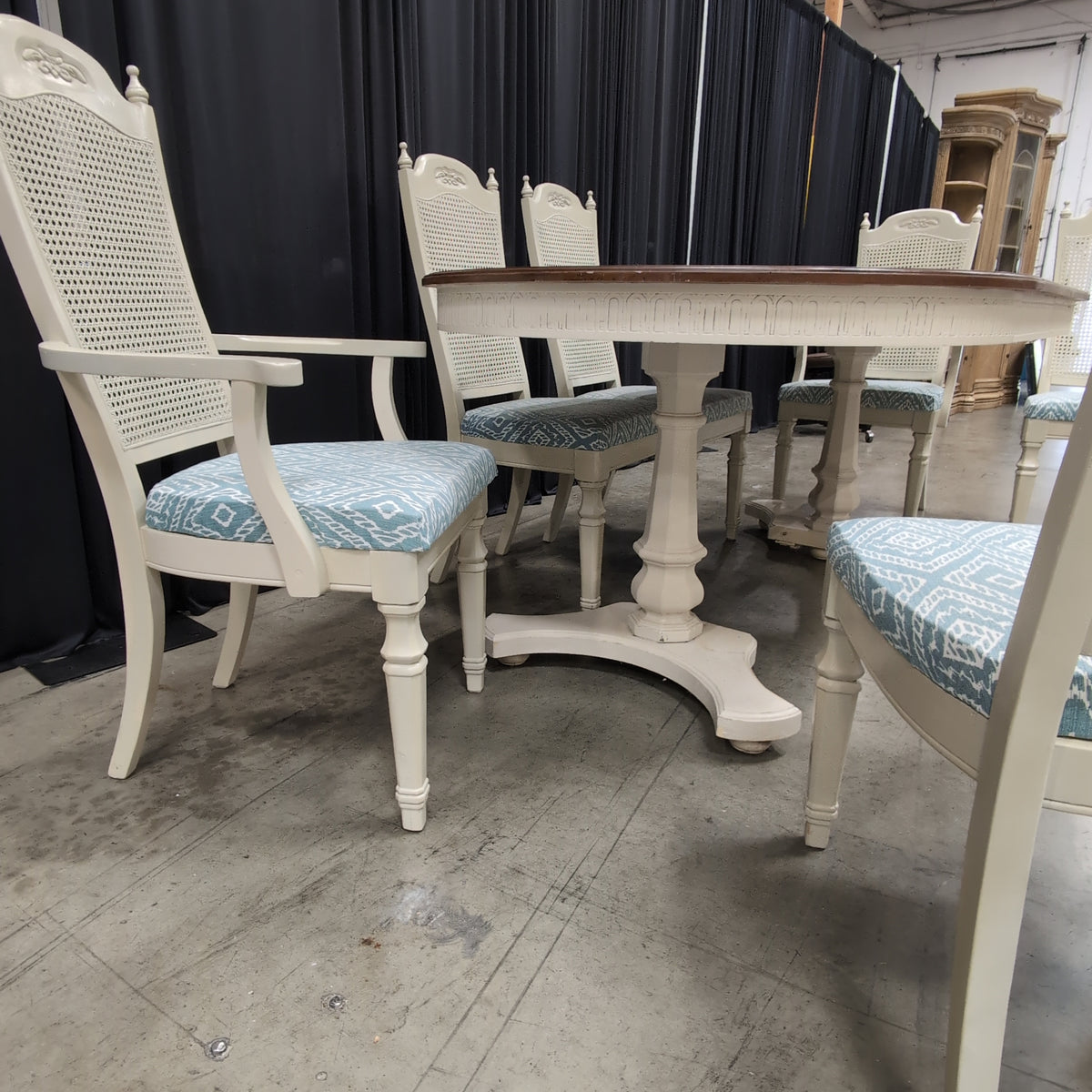 Cream Painted Pedestal Dining Table with Cane Back Chairs