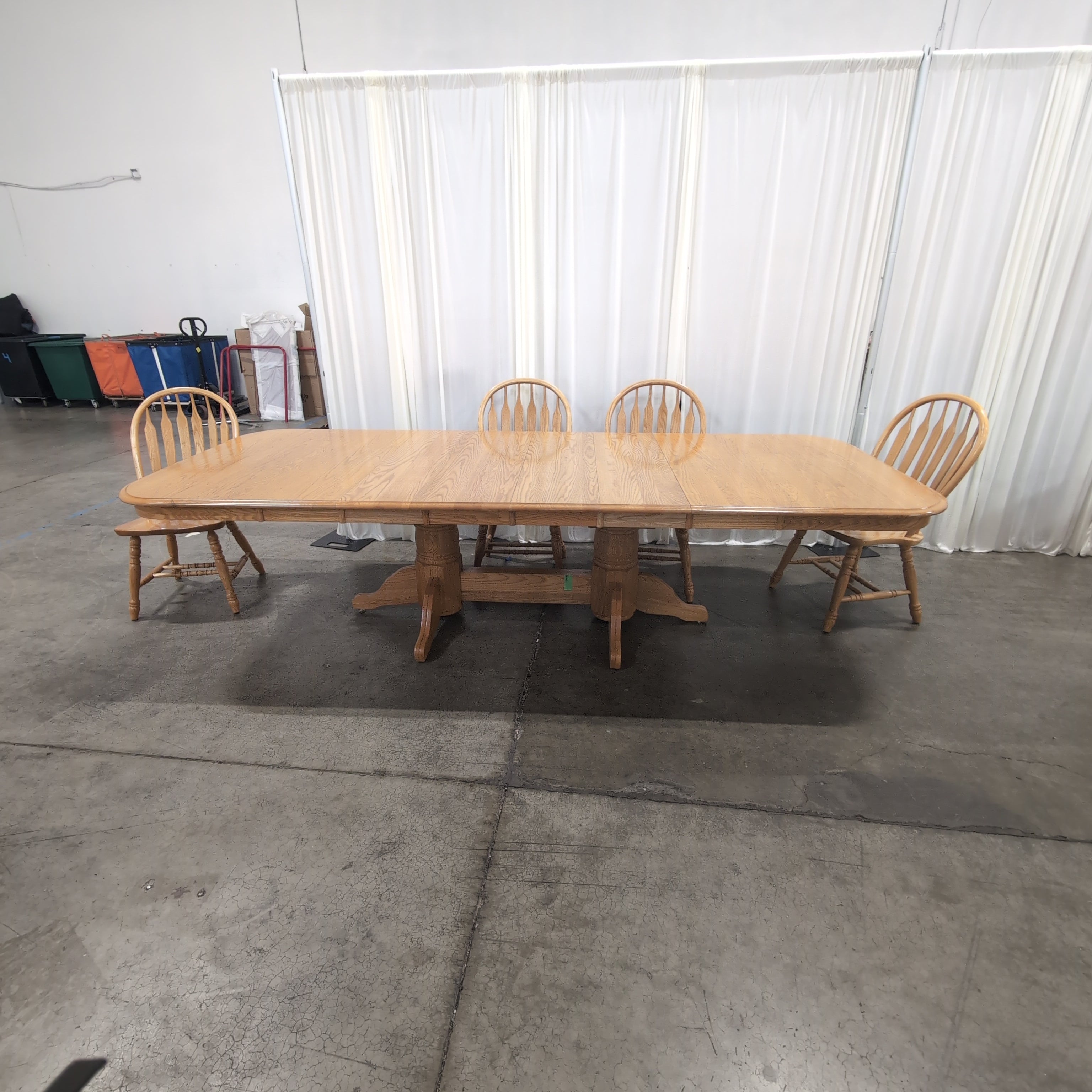 Light Wood Pedestal Dining Table with Four Windsor Chairs