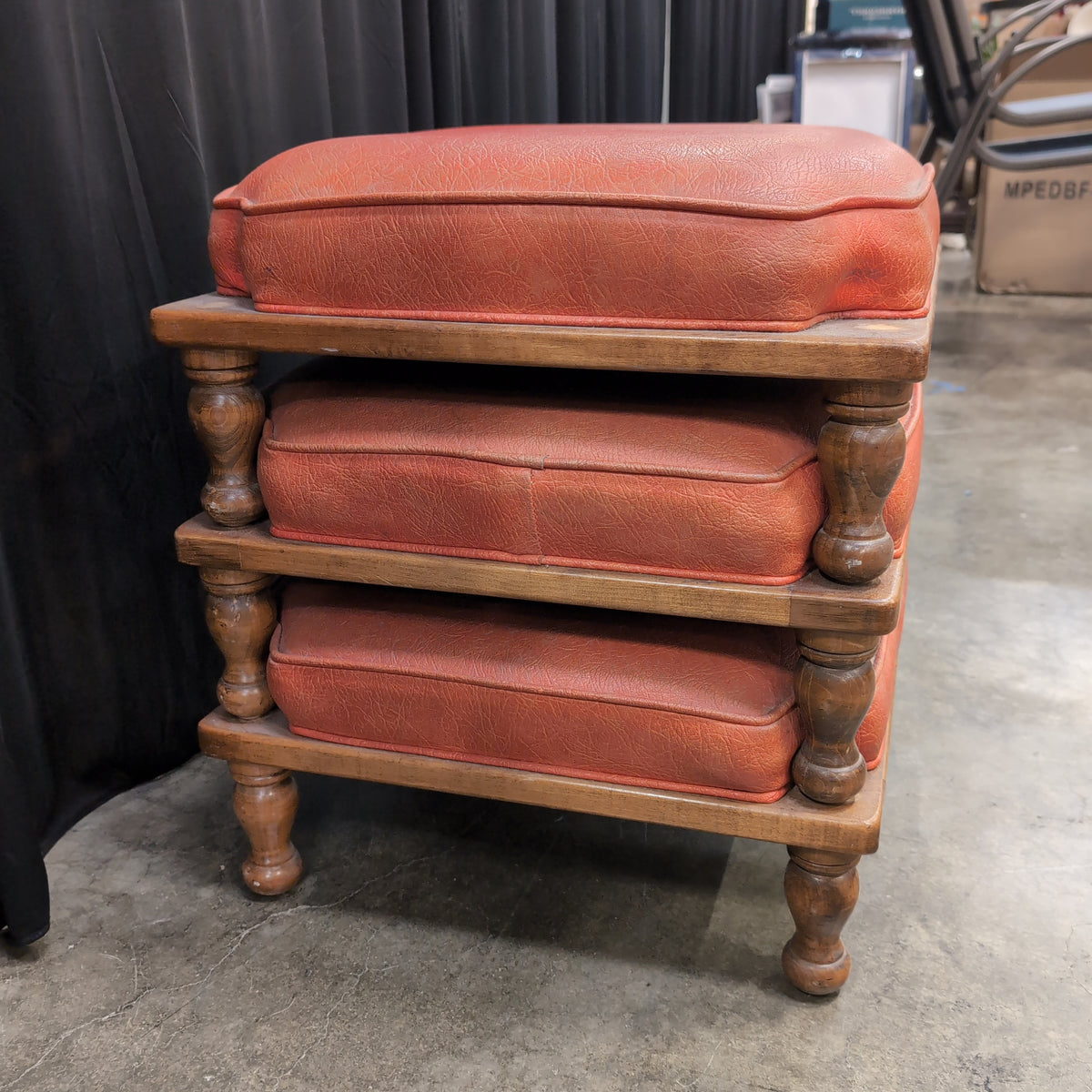 Orange Upholstered Wood Ottoman with Turned Legs