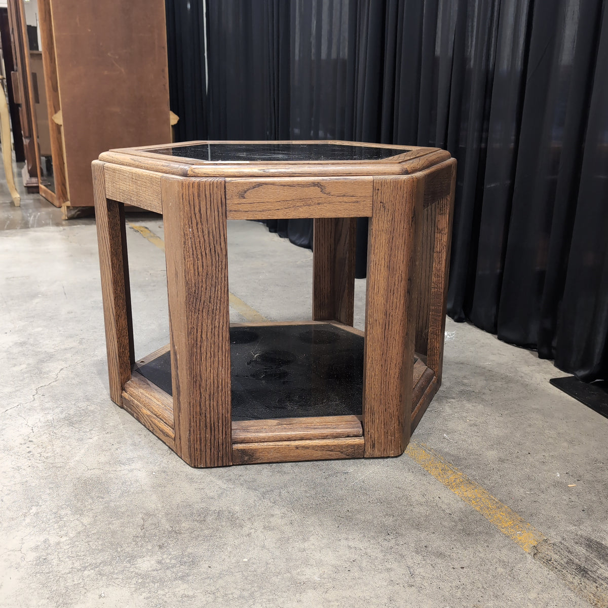 Brown Hexagonal Wood End Table with Dark Top