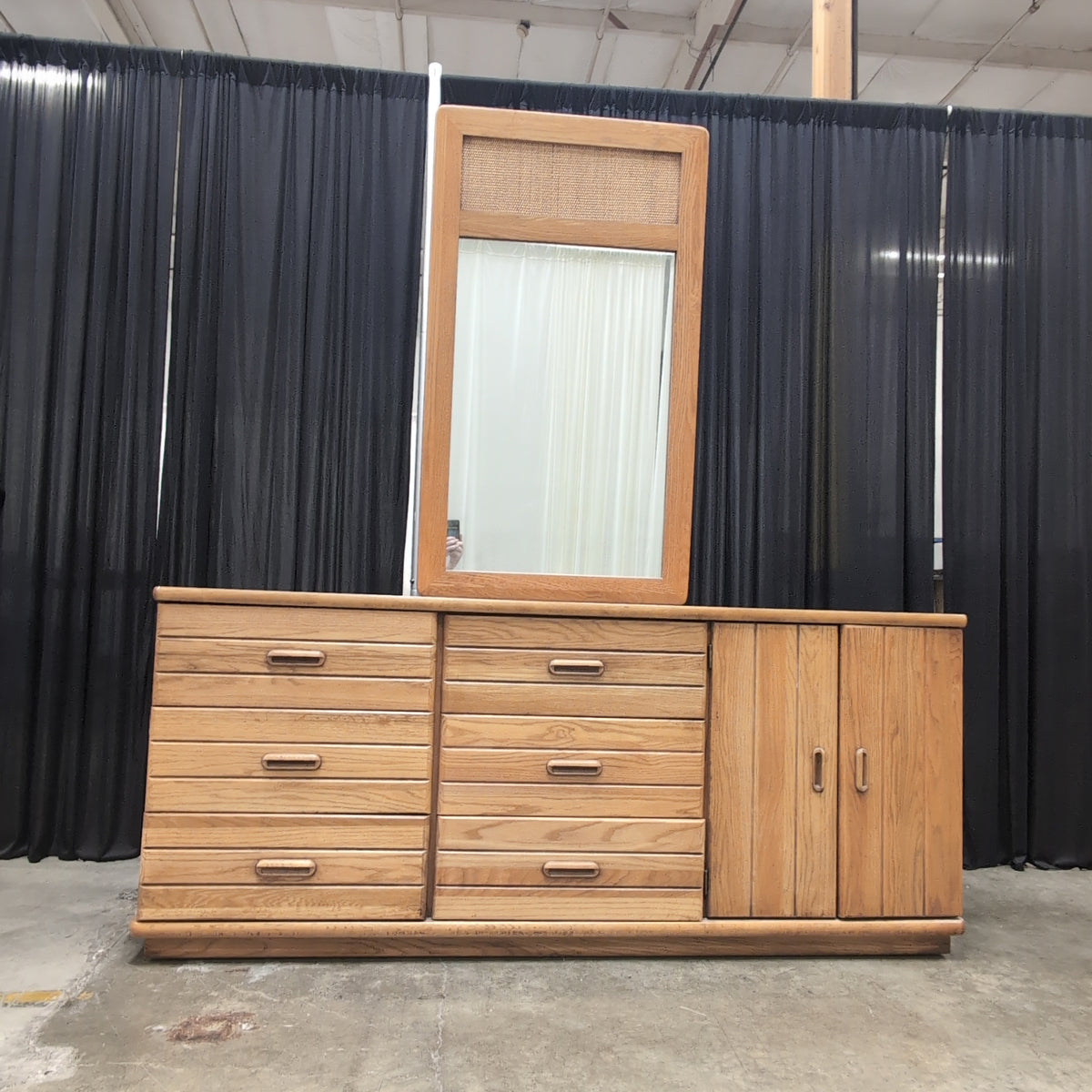 Mid-Century Style Light Wood Dresser with Cane Mirror