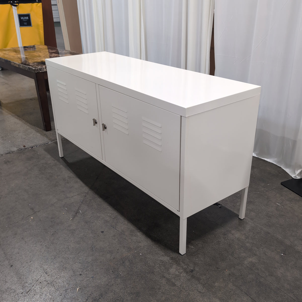 White Industrial Metal TV Stand with Locker Doors