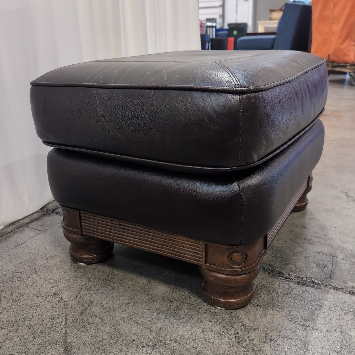 Dark Brown Leather Square Ottoman with Turned Wood Feet