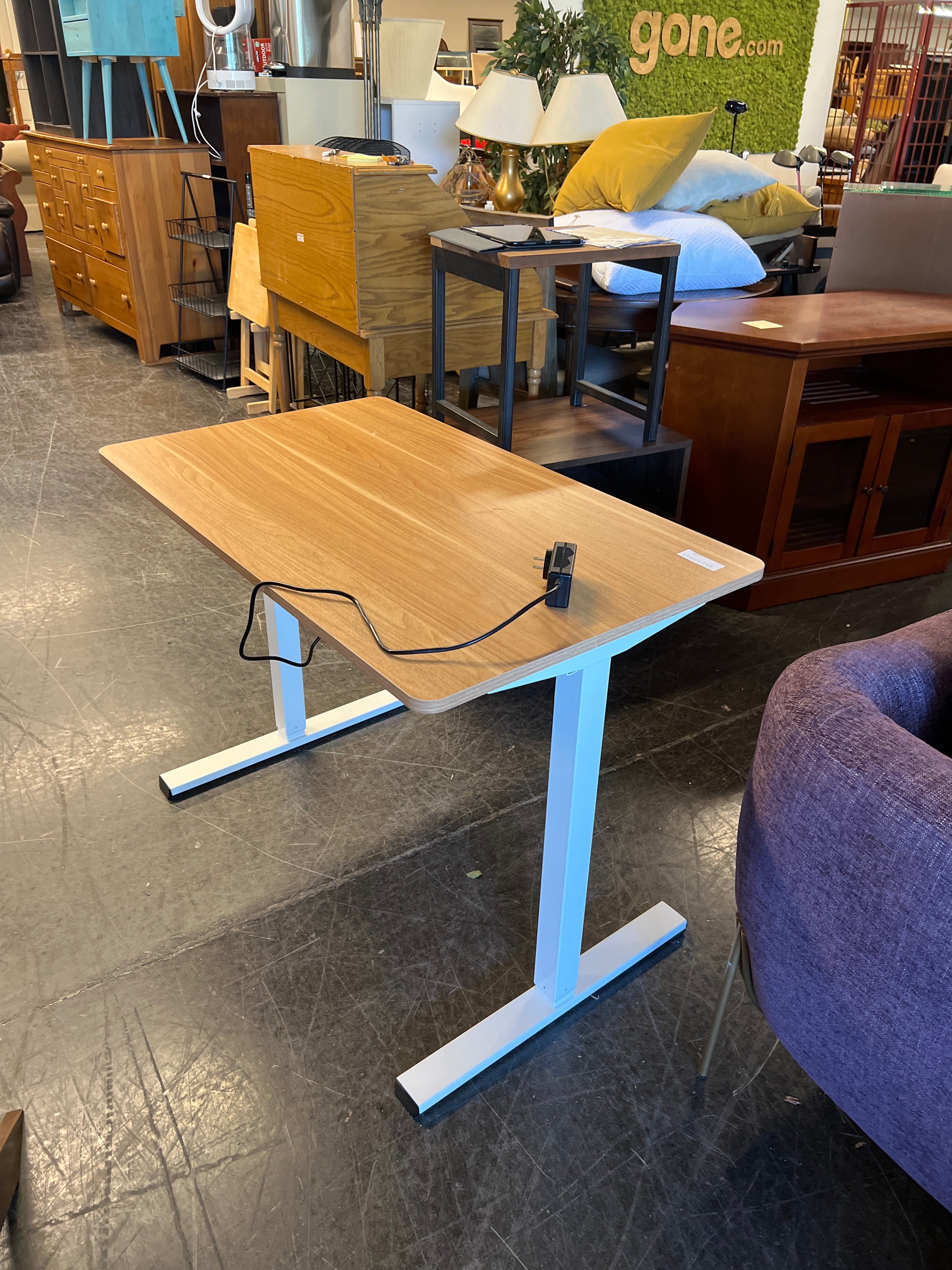 Electric Sit-Stand Desk with White Base and Woodgrain Top