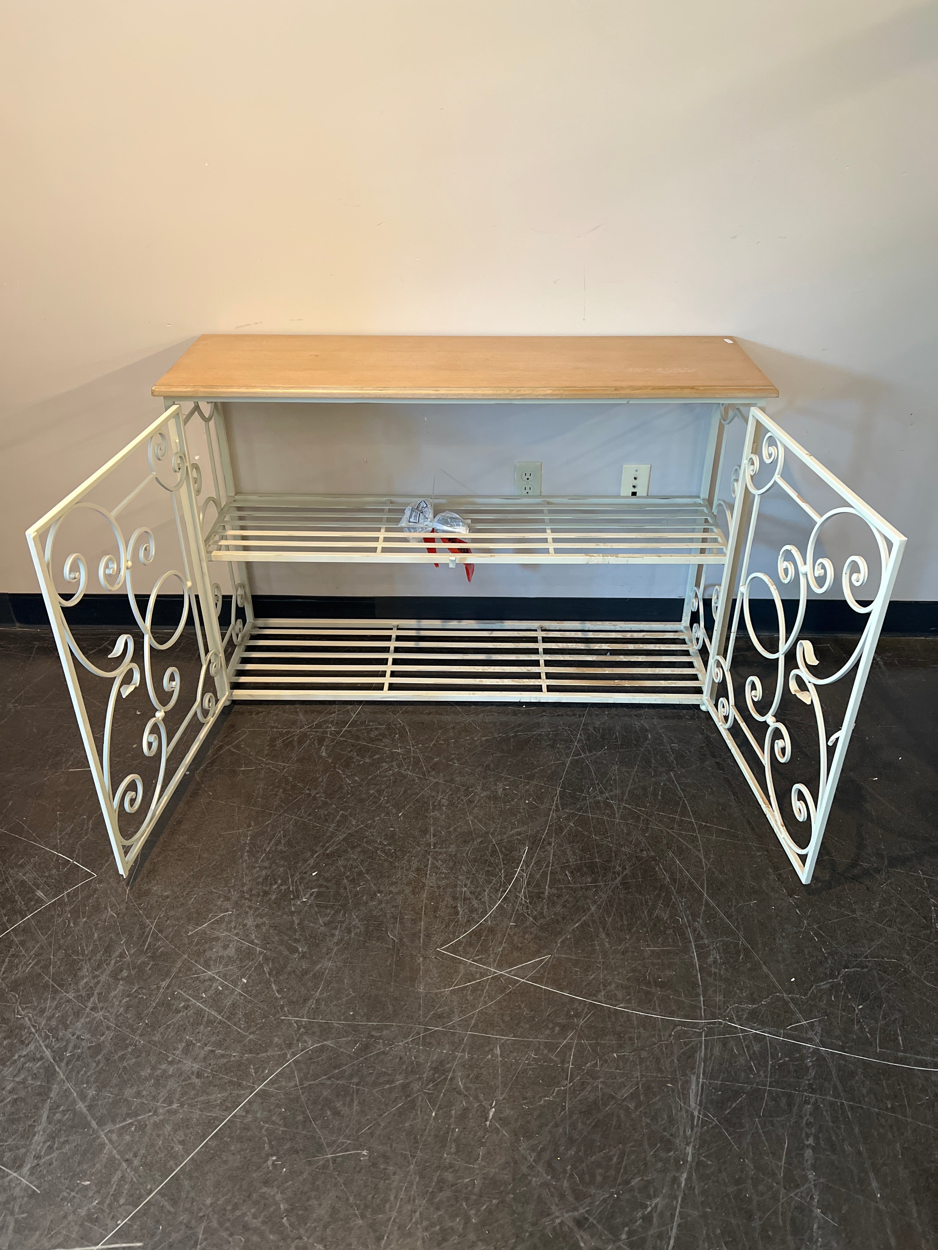 White Scroll Metal Cabinet with Wood Top
