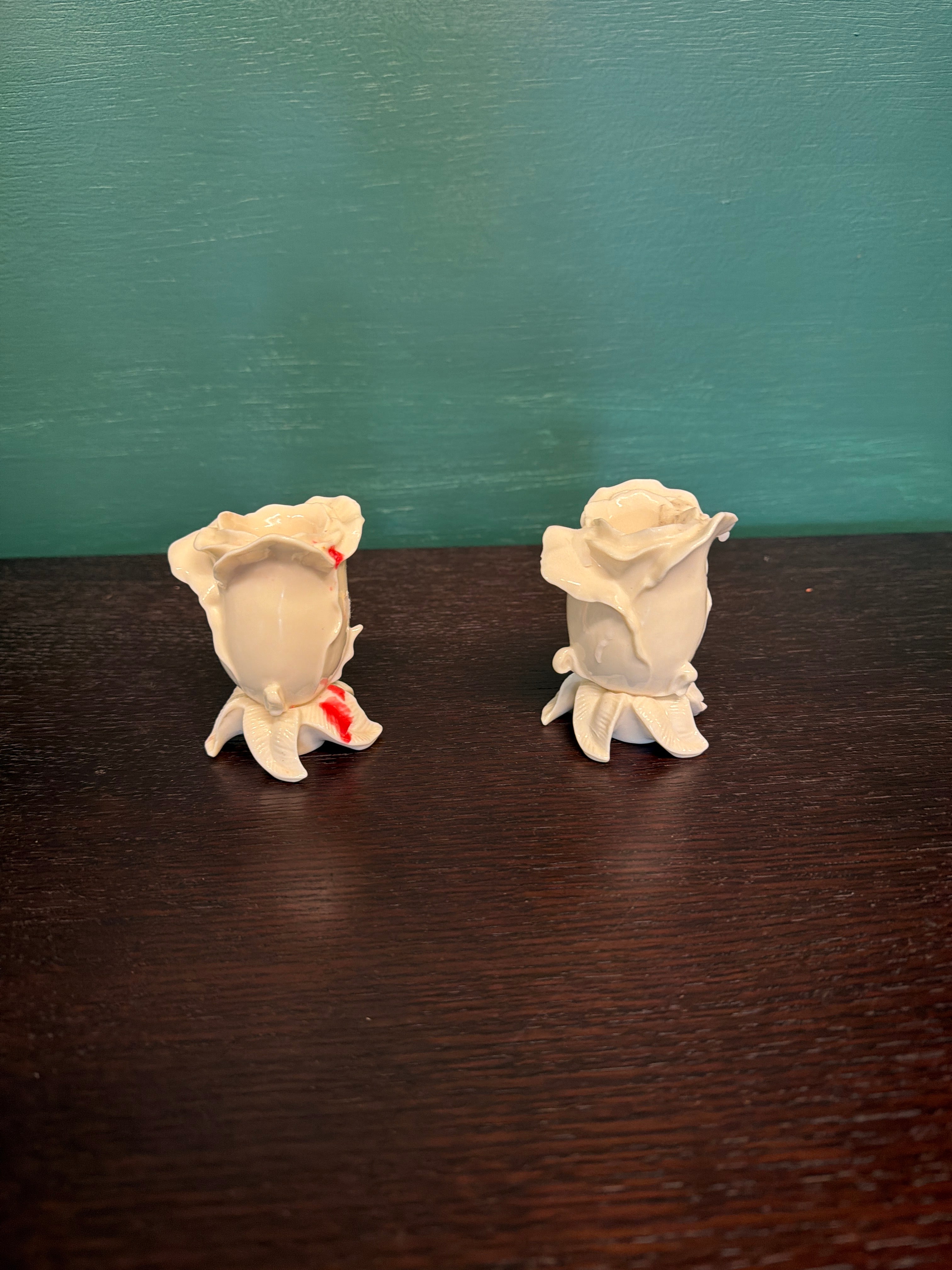 Pair of White Rosebud Ceramic Candle Holders with Leaf Base