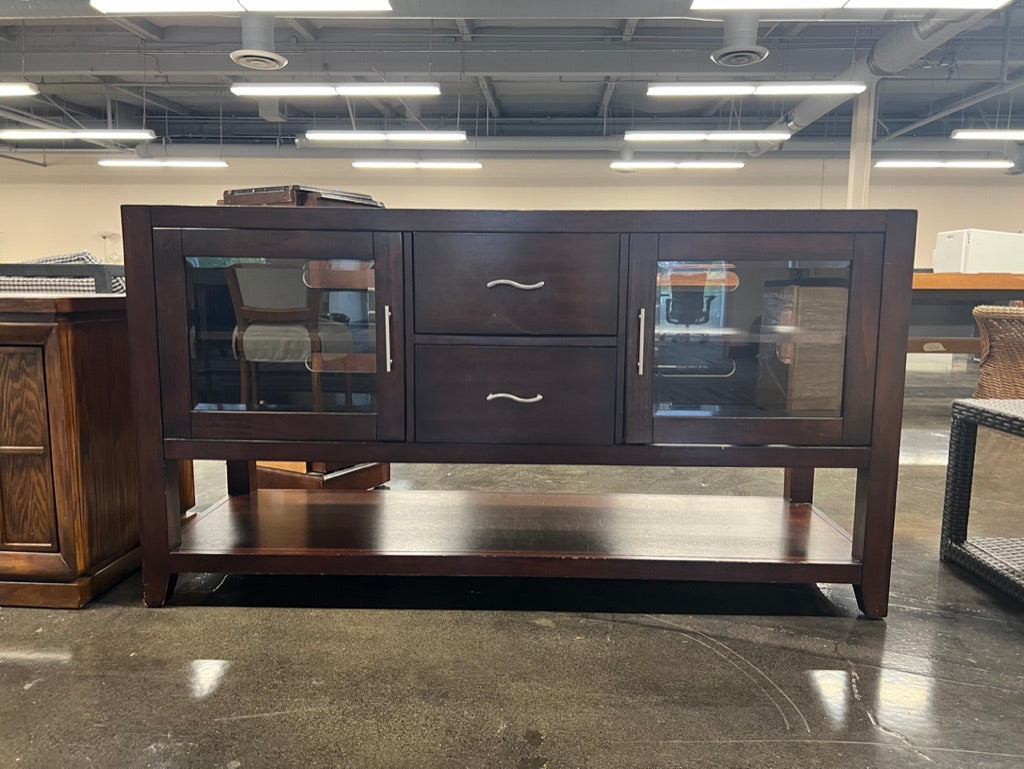 Mahogany Buffet with Glass Doors and Silver Accents