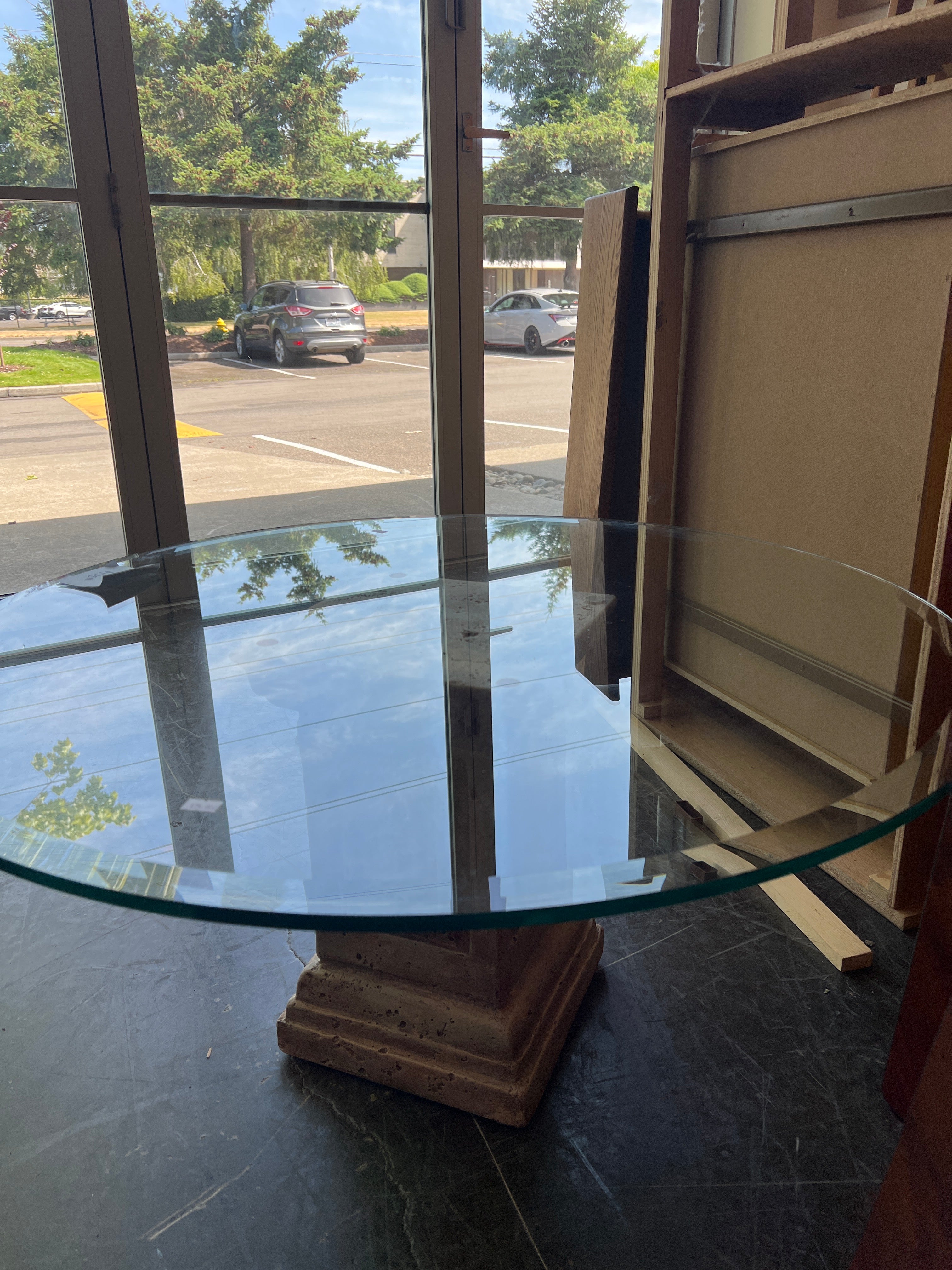Glass Top Coffee Table with Stone Pedestal Base
