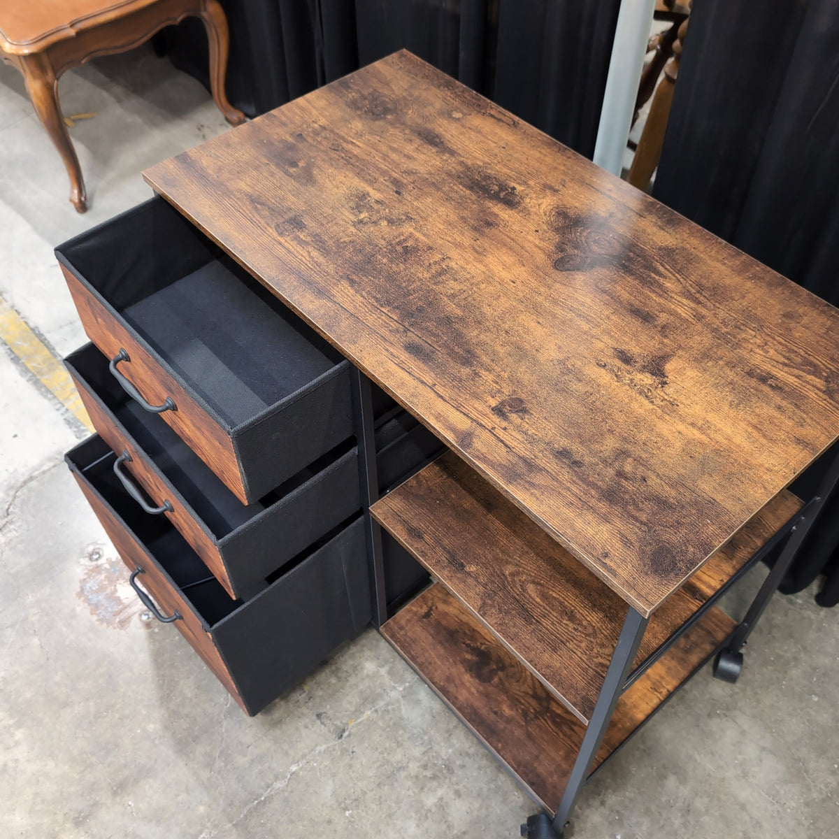 Rustic Wood-Look Industrial Rolling Storage Cart with Drawers