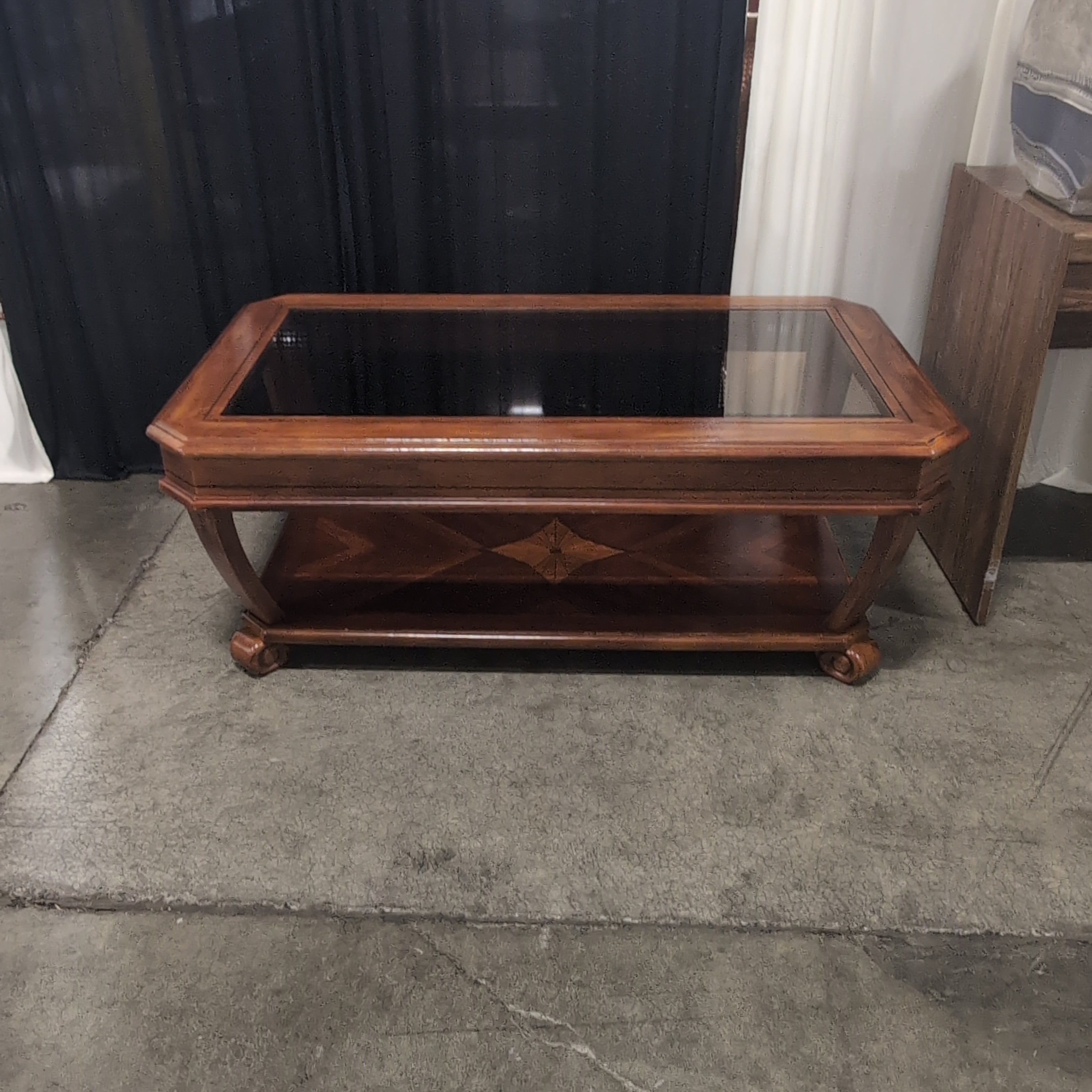 Traditional Reddish-Brown Wood Coffee Table with Glass Top