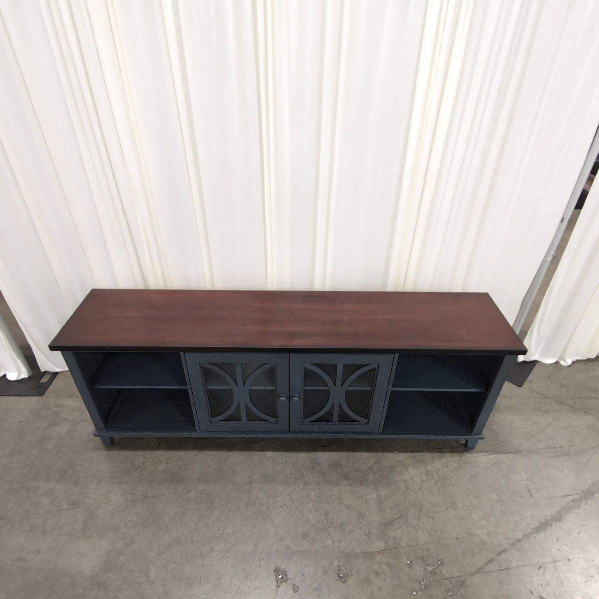 Dark Wood and Gray TV Stand with Decorative Glass Doors
