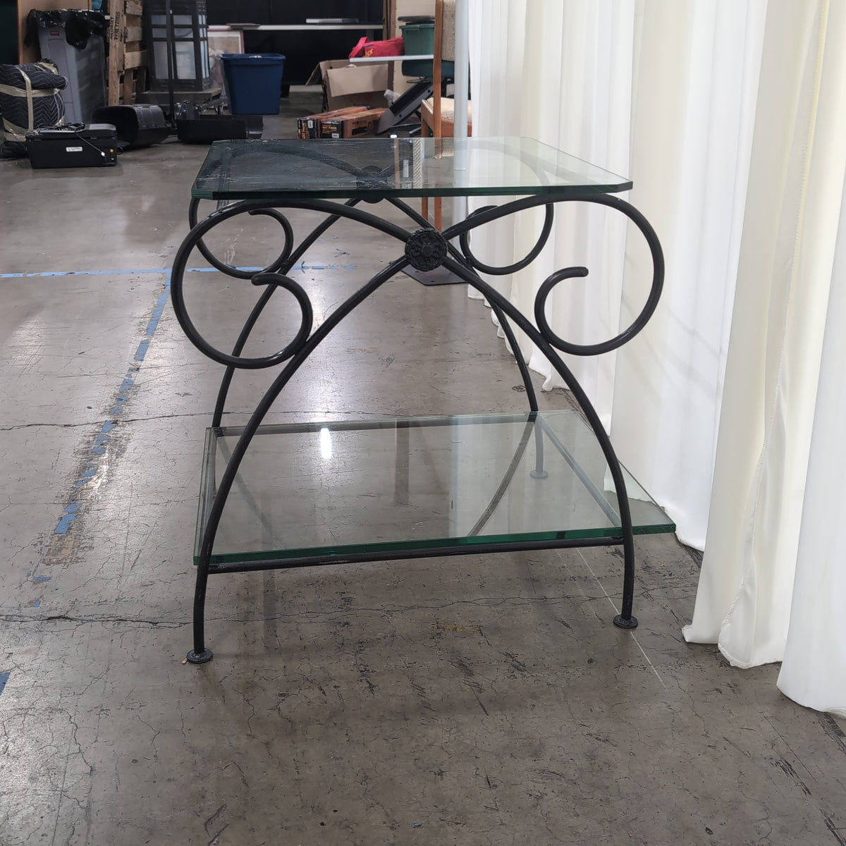 Dark Metal Two-Tiered End Table with Glass Shelves