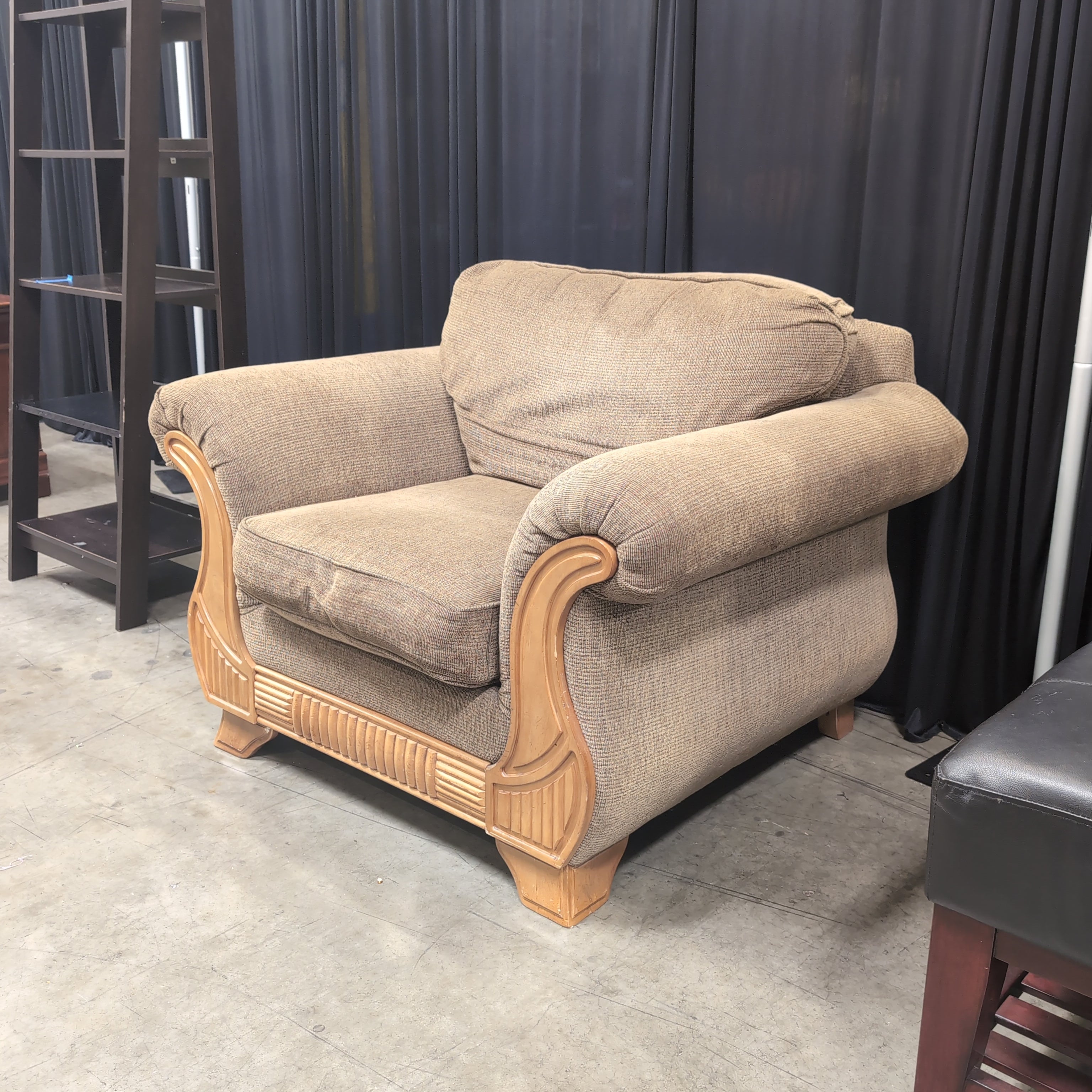 Brown Textured Fabric Armchair with Wood Accents