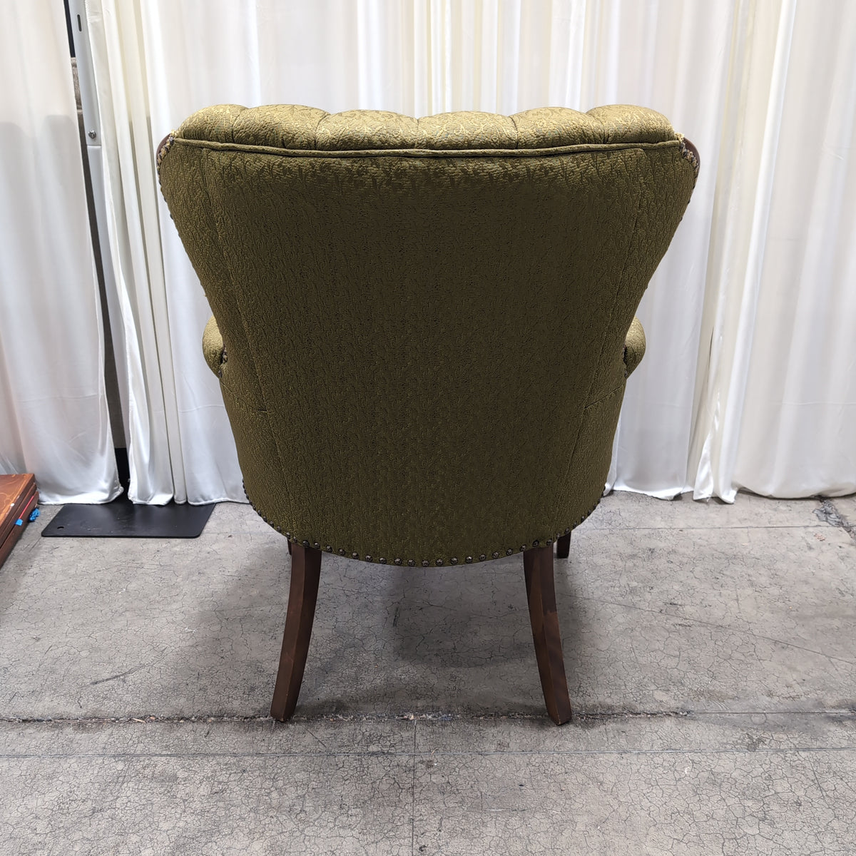 Olive Green Upholstered Fan-Back Armchair with Nailhead Trim
