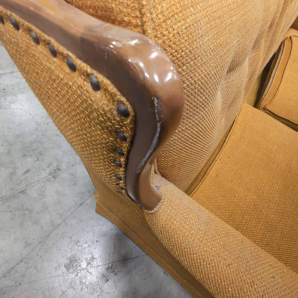 Vintage Mustard Yellow Tufted Couch with Wood Trim